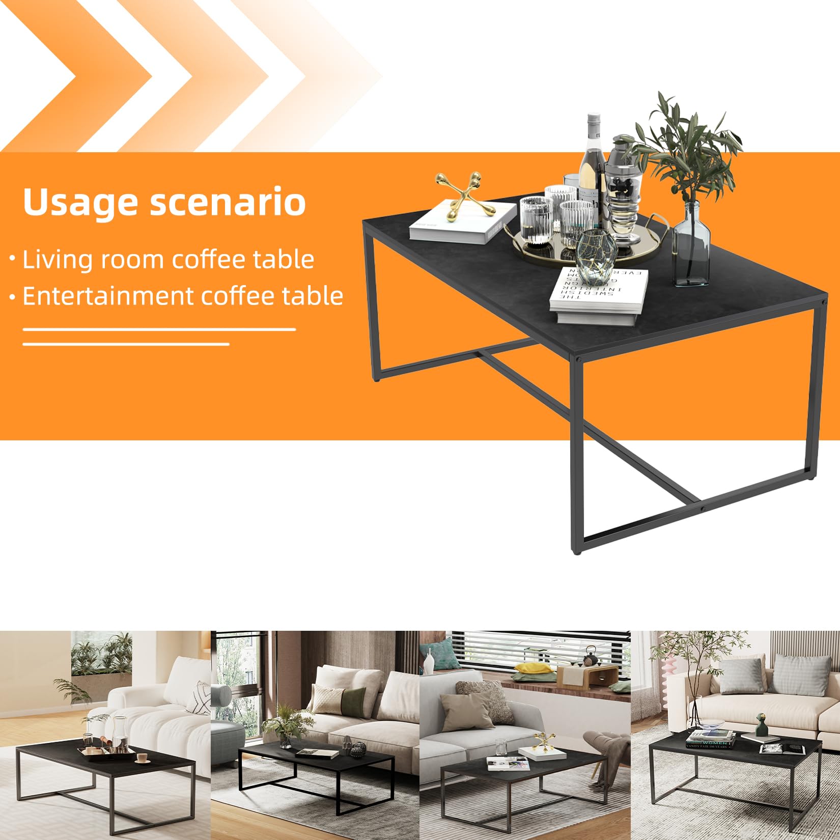 Wisfor Sintered Stone Coffee Table - Black Rectangular Sofa Center Table with Sturdy Metal Frame - Modern Living Room Furniture Decor (39.4x23.6x15.7 Inch) - Perfect for Small Spaces, Apartments & Cozy Home Gatherings