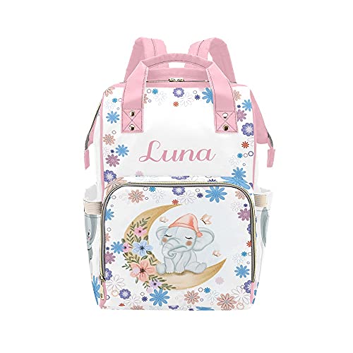 Waterproof Pink Elephant Print Diaper Backpack for Women - Baby Nursing Bag with Name Tag, Large Tote for Moms, Perfect Baby Shower Gift (Ideal for Travel, Daycare & On-the-Go Parenting)