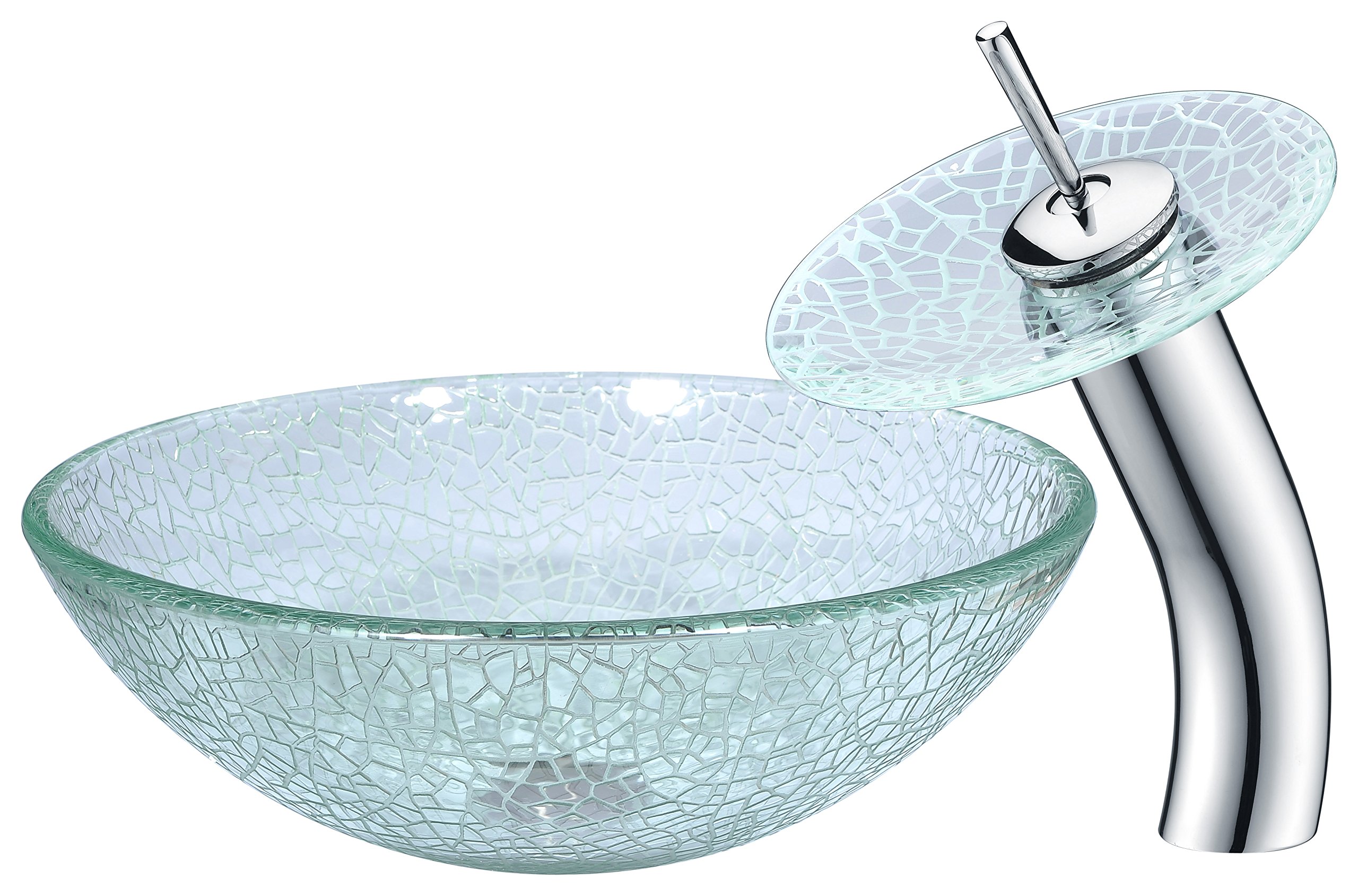 ANZZI Crystal Clear Mosaic Tempered Glass Vessel Sink with Waterfall Faucet Set - Round Above Counter Bathroom Sink Combo (LS-AZ063) | Modern Vanity for Master Bath & Powder Room