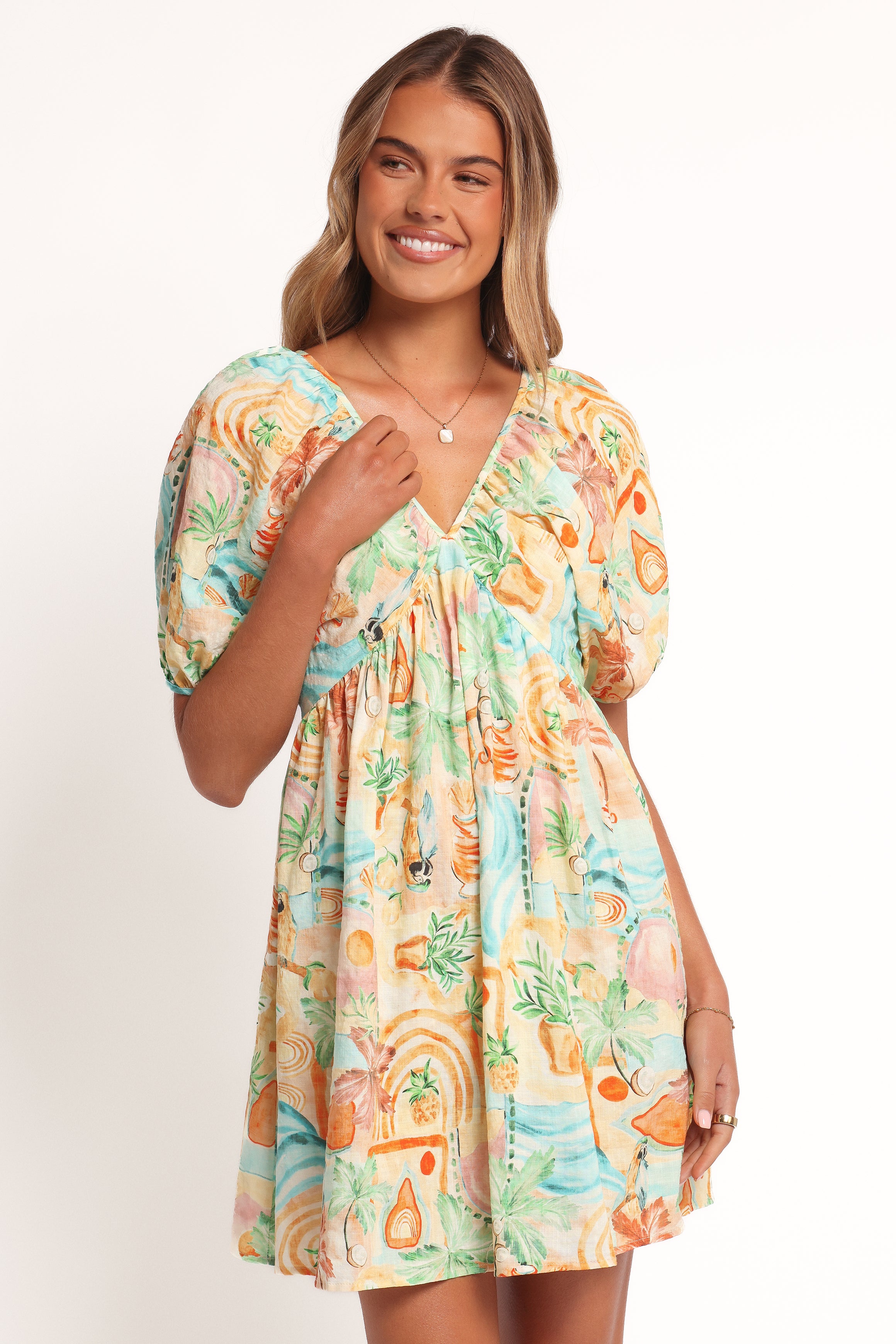 Cadhla Mini Dress - Elegant Golden Palm Print Summer Party Cocktail Dress for Women | Perfect for Beach Vacations, Date Nights & Special Occasions