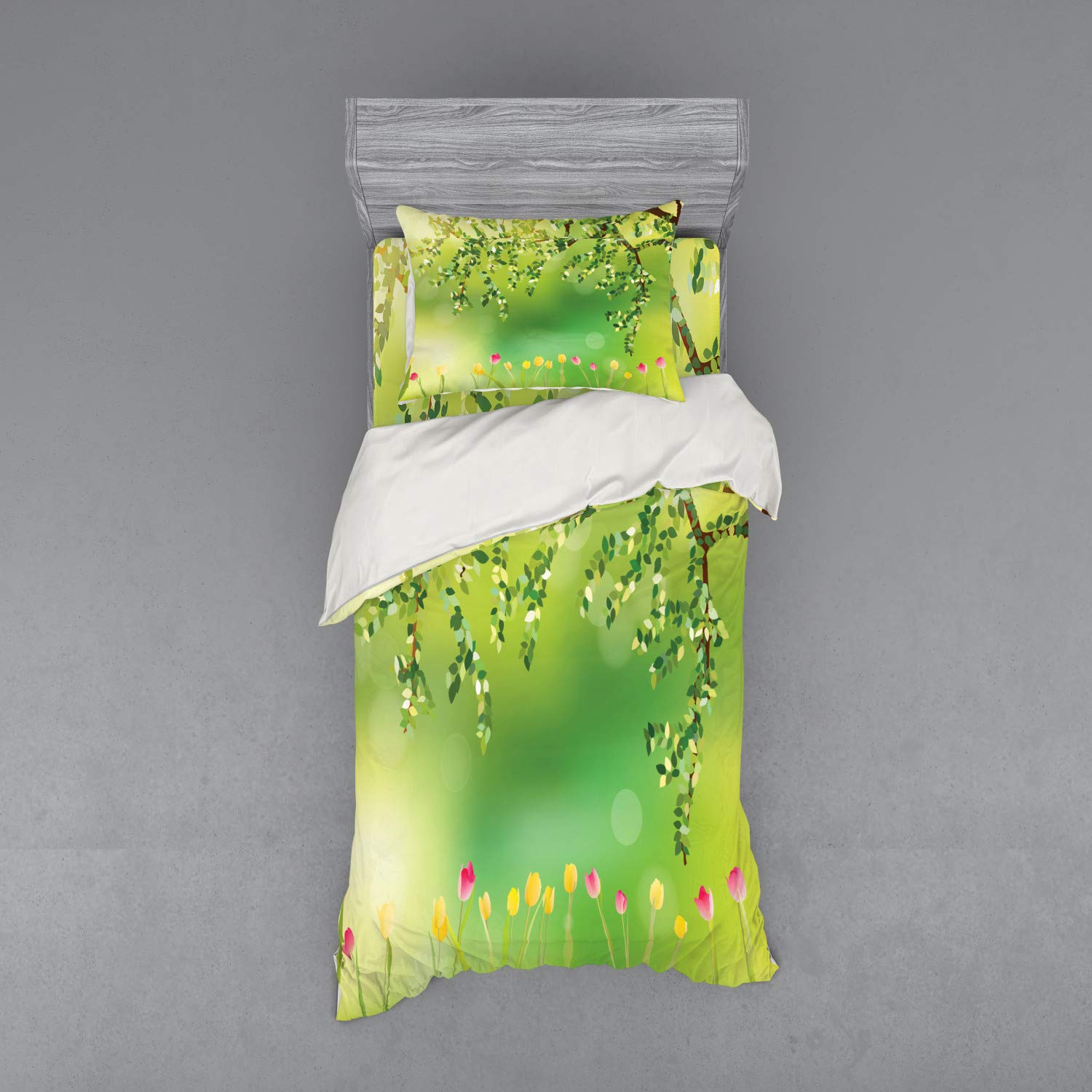 Ambesonne Tulip Duvet Cover Set - Vibrant Floral Park Scene with Tree Branches | 3-Piece Twin Size Bedding Set with Sham & Fitted Sheet | Perfect for Spring Bedroom Decor & Guest Room Makeover