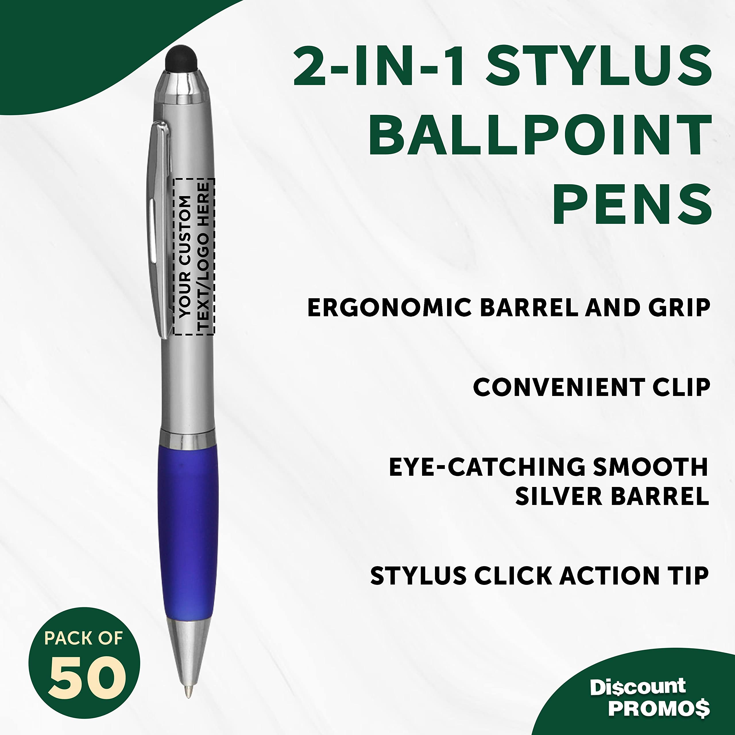 Custom Stylus Ballpoint Pens Set of 50 - Bulk Pack with Black Ink - Personalized Promotional Pens for Office, School, Business, Tradeshows & Events - Perfect for Branding, Giveaways & Corporate Gifts - Blue