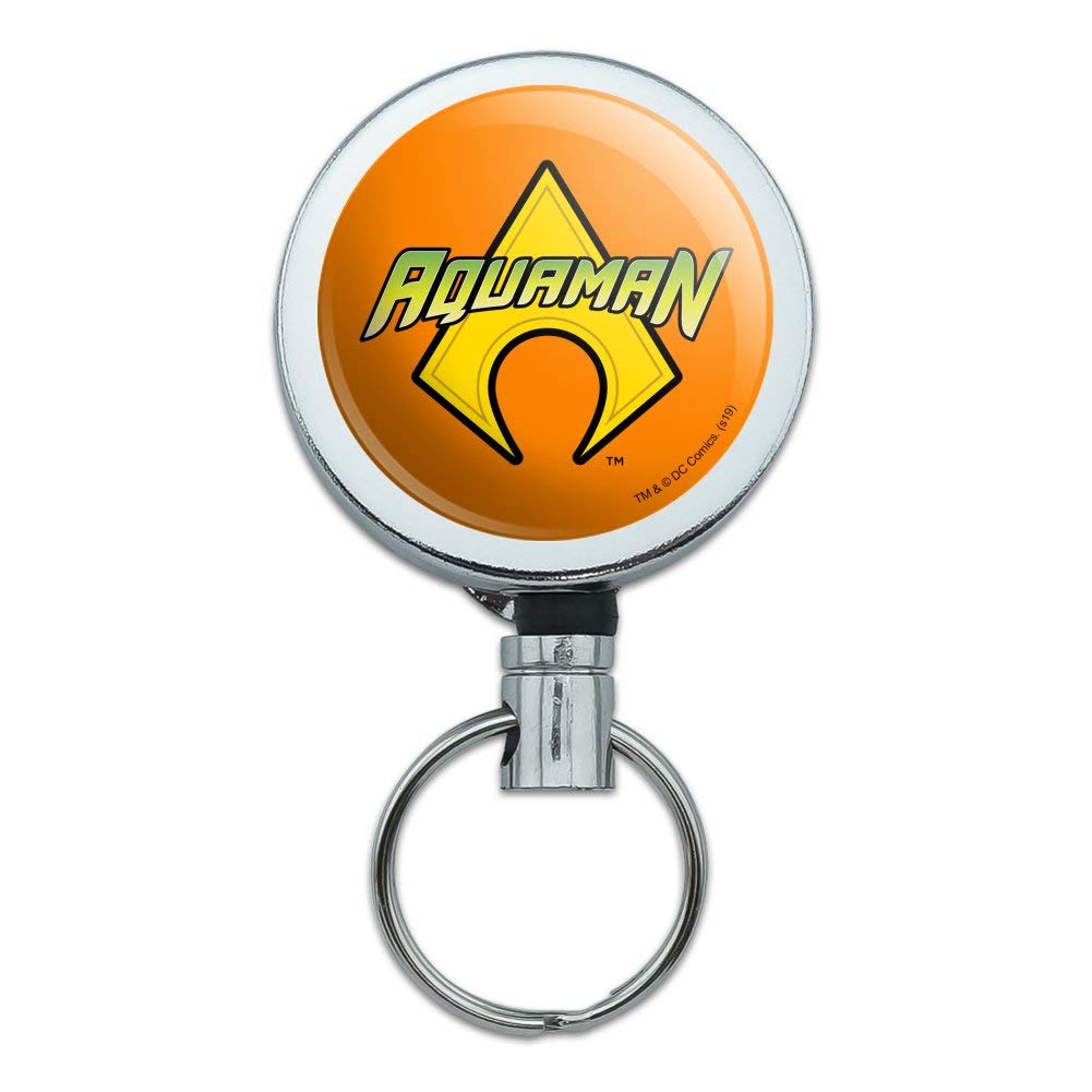 Aquaman Logo Heavy Duty Metal Retractable ID Badge Holder - Key Card Reel with Belt Clip for Security, Office, and Events
