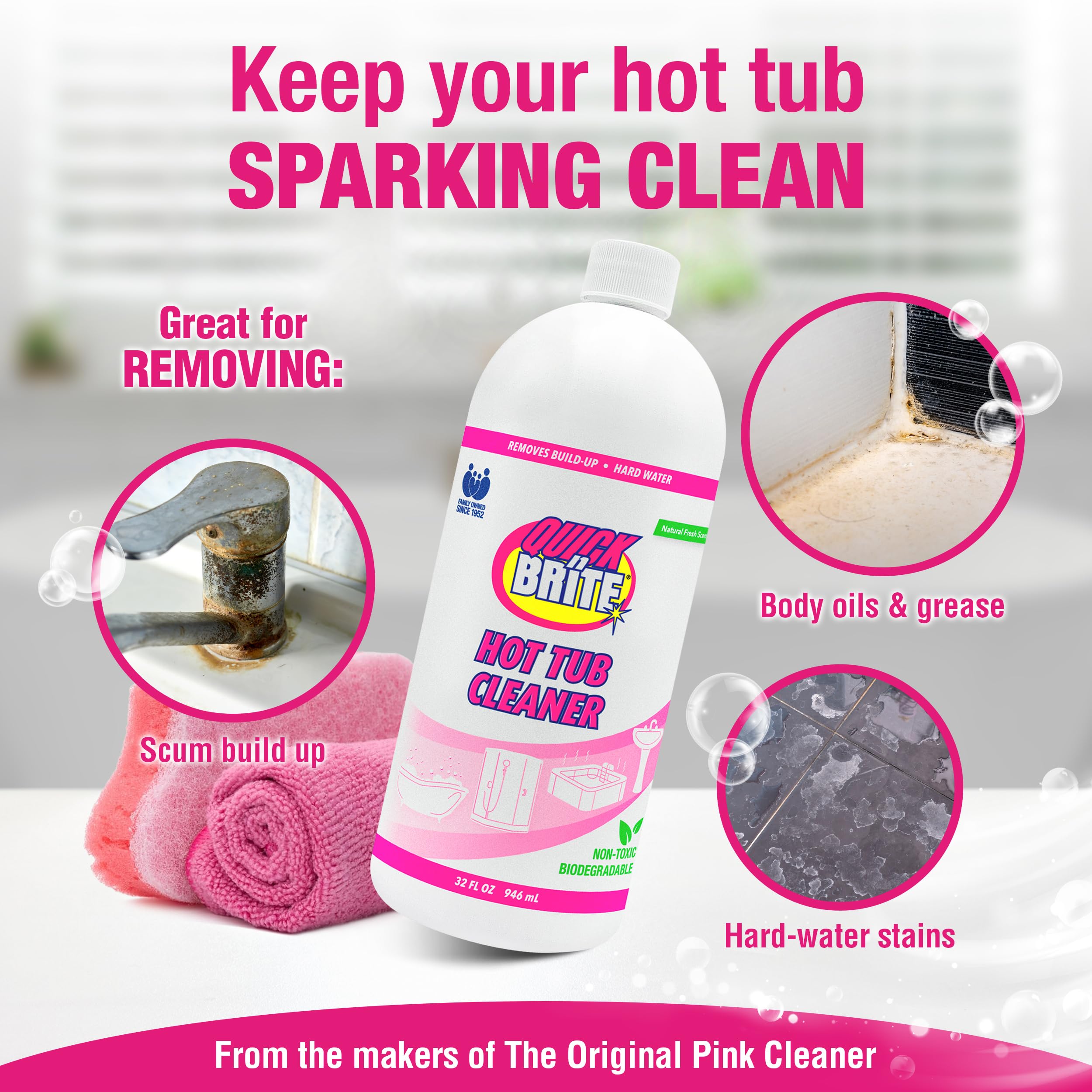 Quick N Brite Heavy Duty Hot Tub Cleaner Kit - Non-Abrasive Cleaning Gel with Sponge & Microfiber Cloth, 32 oz | Removes Stains, Scum & Buildup | Safe for All Hot Tub Surfaces | Ideal for Jacuzzis, Spas & Whirlpools (Packaging May Vary)