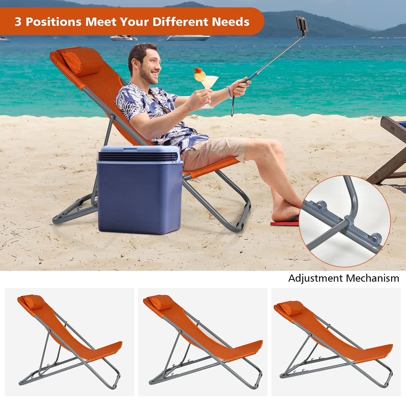 Goplus 2-Pack Beach Sling Chairs for Adults - Portable Folding Camping Chairs with 3-Position Adjustable Backrest & Comfortable Headrest - Heavy Duty Outdoor Lounge Chairs for Beach, Poolside, Backyard, and Camping (Orange)