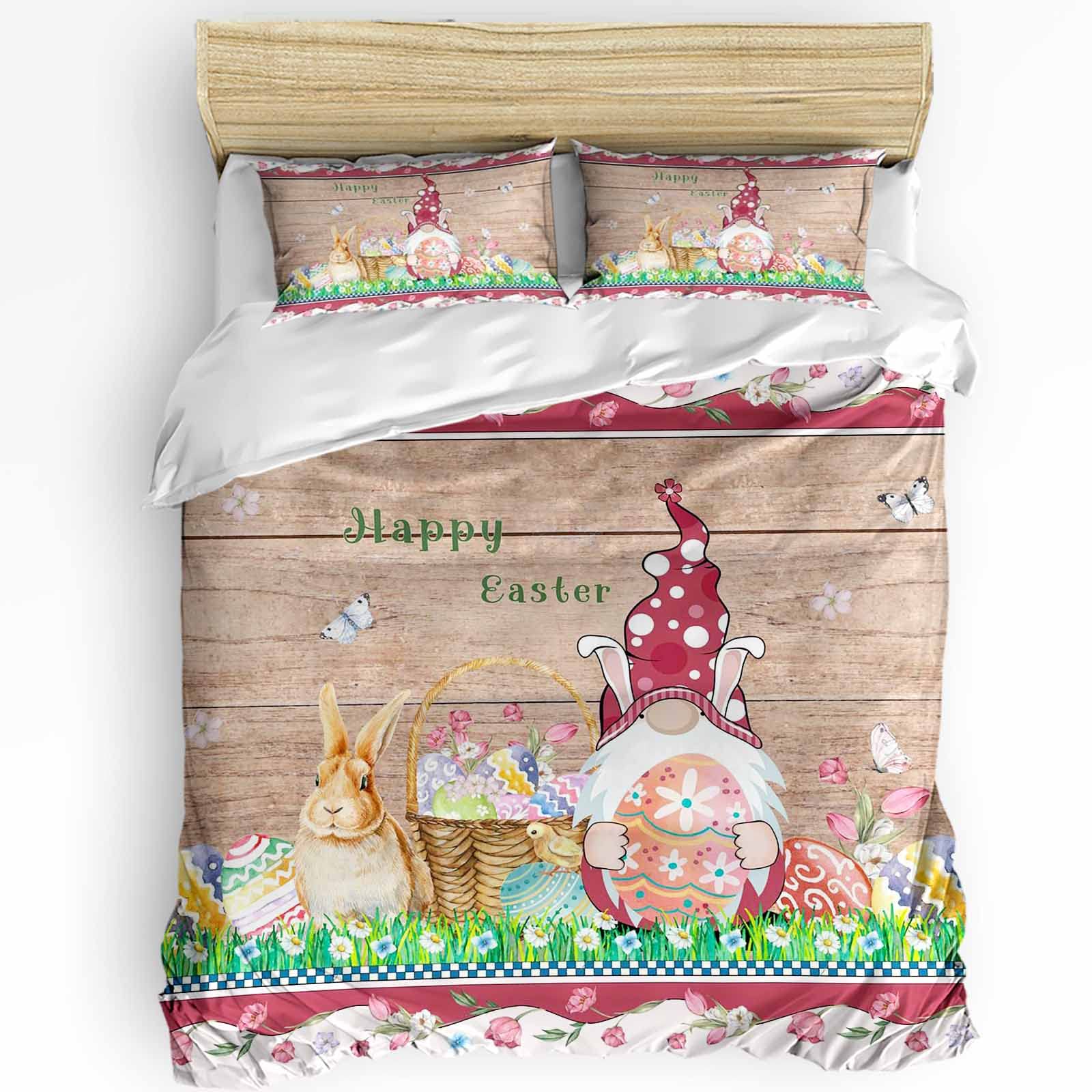 HELLOWINK 3-Piece Queen Size Duvet Cover Set - Easter Rabbit Gnome Design with 2 Pillow Shams, Lightweight Soft Comforter Cover, Colorful Eggs Woodland Theme | Perfect for Spring Bedroom Decor, Easter Gift & Cozy Home Styling