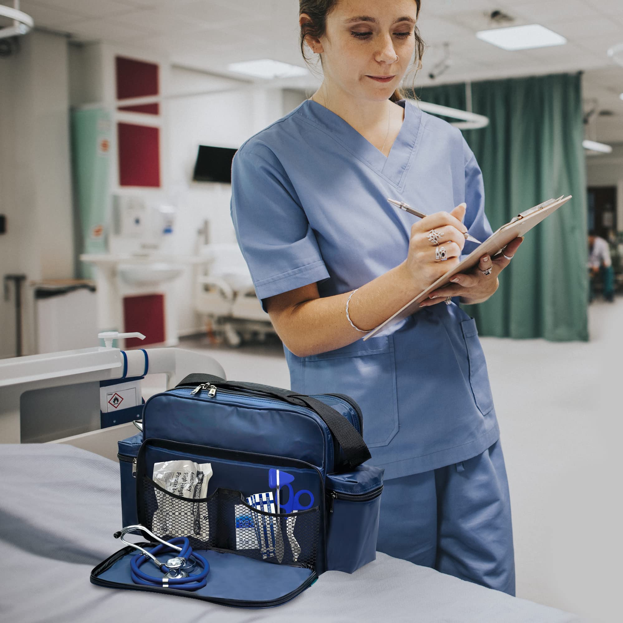 ASA TECHMED Professional Nursing Bag with Multiple Compartments - Durable Medical Shoulder Bag for Nurses, Doctors & EMTs | Water-Resistant Nylon | Adjustable Straps | Ideal for Hospital Rounds, Home Visits & Emergency Response (Black)