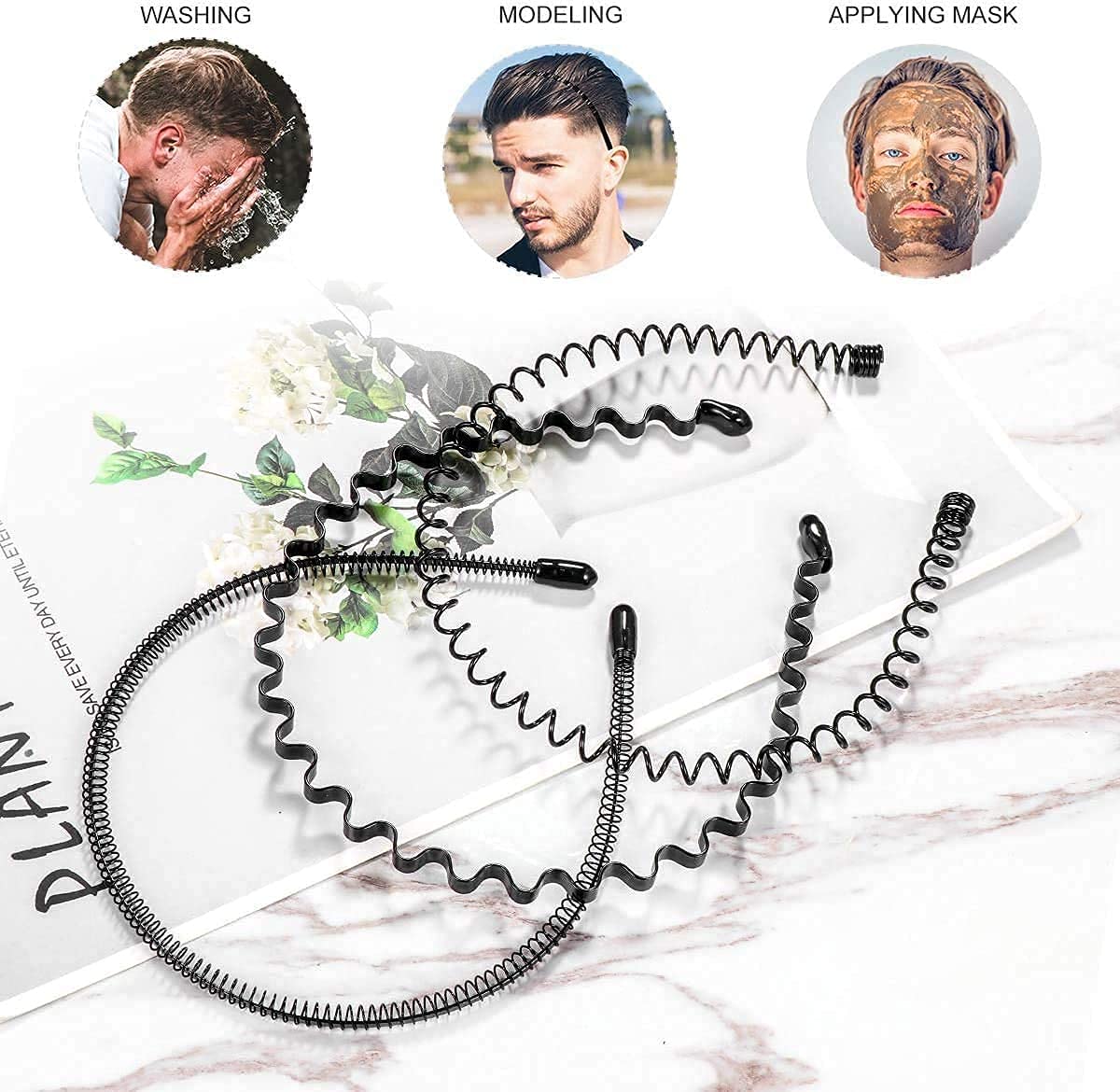 Fameza Elastic Wavy Spring Wave Hair Band - 6 Pack Black Non-Slip Metal Hair Hoop for Women & Men | Unisex Sport & Fashion Hair Accessories | Perfect for Workouts, Yoga, Running & Daily Styling