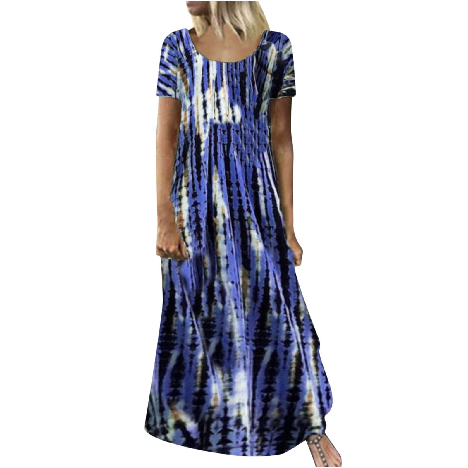 SKDOGDT Women's Tie-Dye Stripe Maxi Dress - Summer Casual Short Sleeve Crewneck Flowy Loose Beach Dress - Perfect for Vacation, Pool Parties & Boho Style Outfits | Beachwear, Music Festivals, Date Night & Summer Travel Outfits