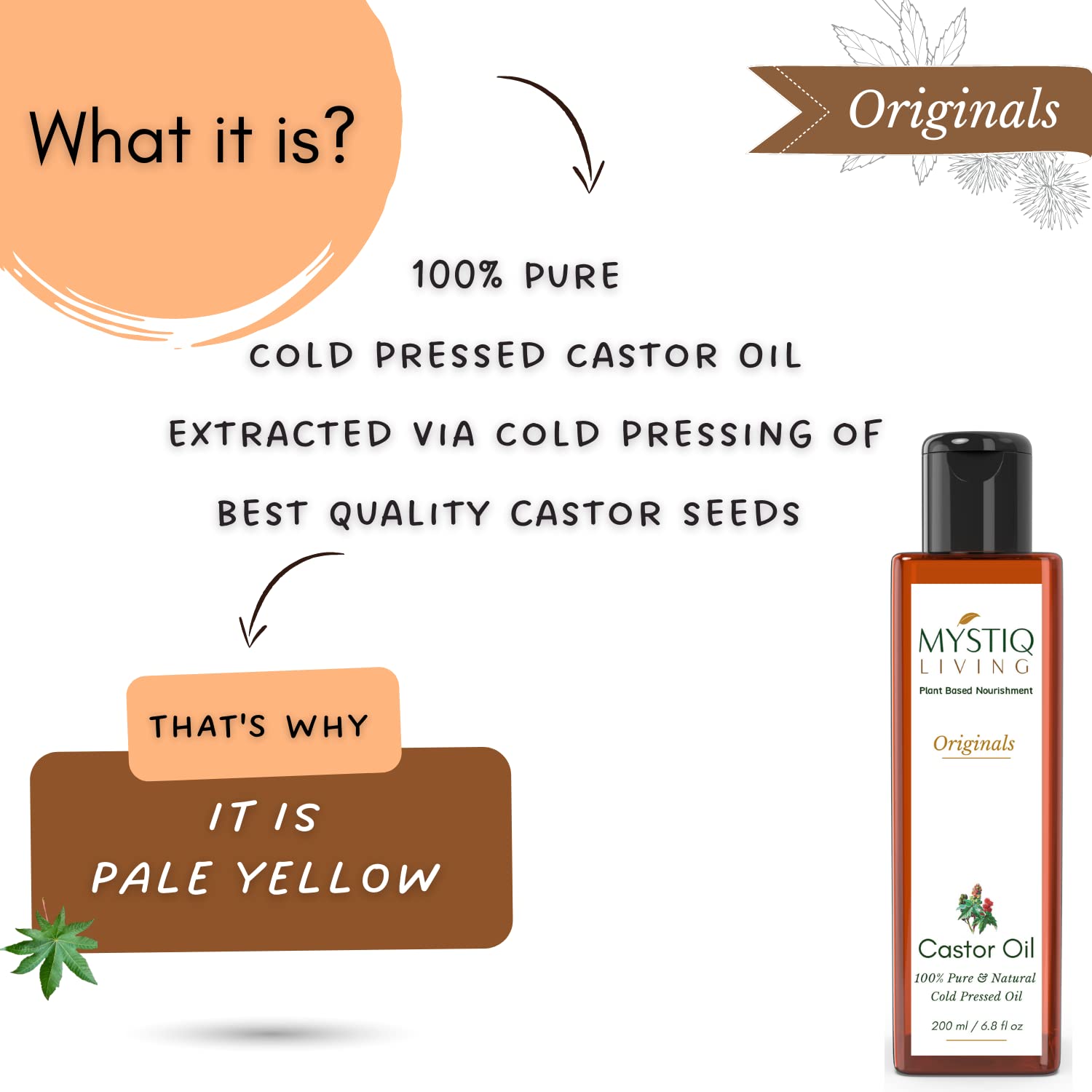 Pure Cold Pressed Castor Oil for Hair Growth & Eyebrow Enhancement - 100% Natural Skin & Nail Care Moisturizer (200ml) | Ideal for Dry Skin Treatment, Eyelash Growth & Scalp Nourishment | Perfect for Daily Beauty Routine & DIY Hair Masks