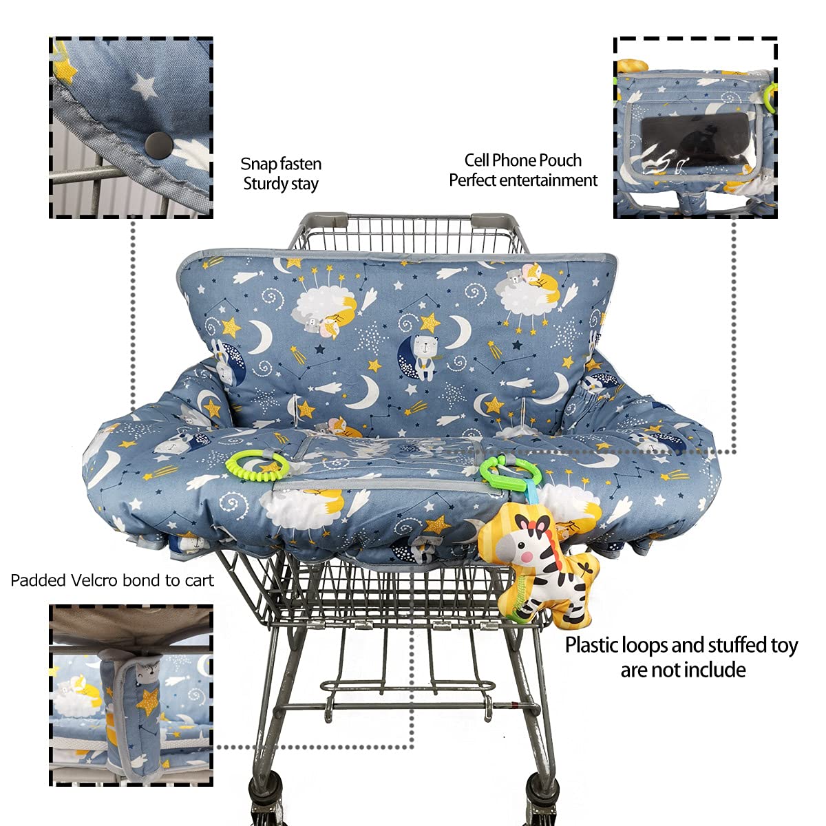 Baby Shopping Cart Cover with Padded High Chair Cover - Reversible Split Seat Cushion, Phone Pouch & Storage Pocket | Neutral Design for Boys & Girls | Perfect for Grocery Shopping & Dining Out