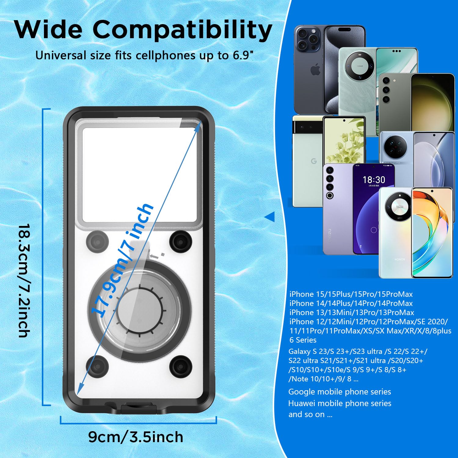 **AICase Waterproof Phone Pouch - Universal Underwater Dry Bag with Self-Check Function for iPhone 15/14/13/12/11, Samsung S24, LG, Google, Xiaomi & Nokia - Perfect for Beach, Snorkeling, Swimming & Outdoor Travel (Black)**