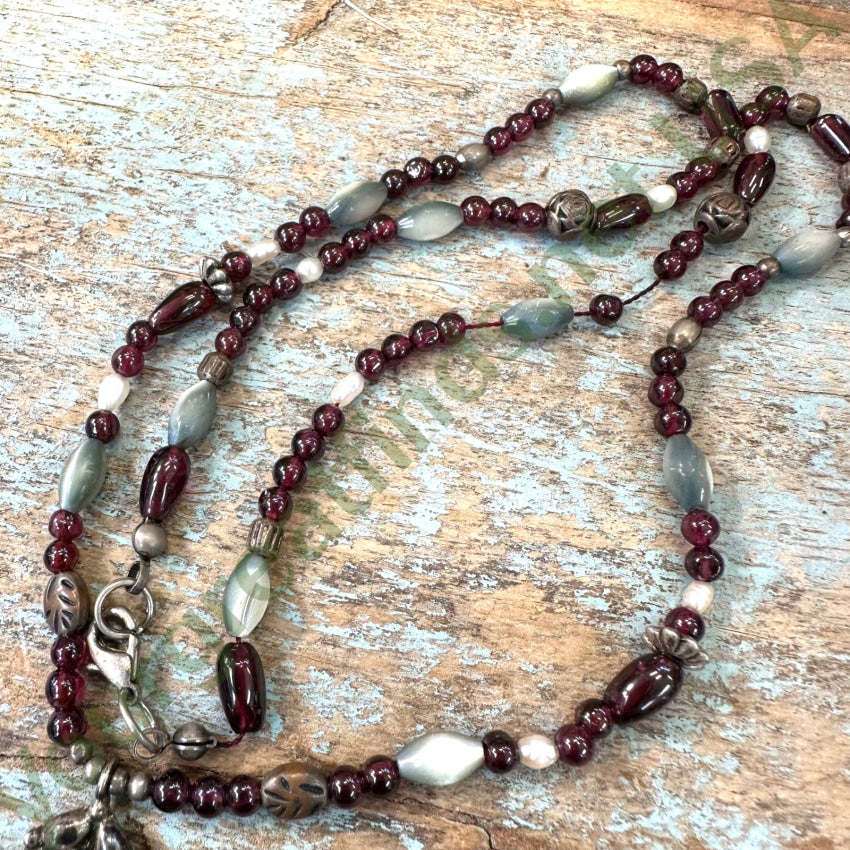 Vintage Garnet Mother of Pearl Beaded Necklace - Handmade Bohemian Jewelry for Women - Perfect for Weddings, Parties & Special Occasions