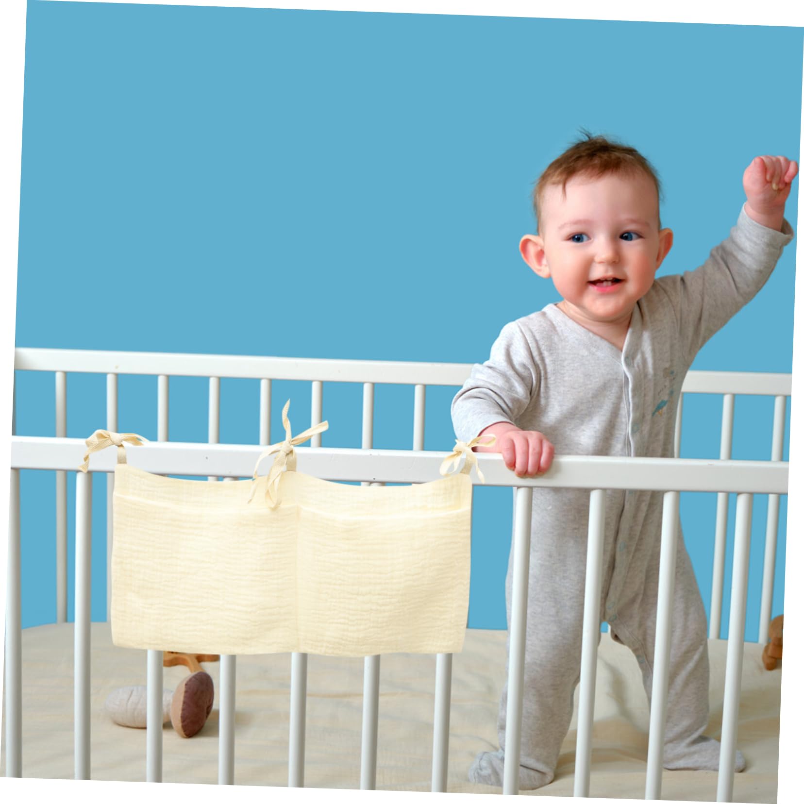 MOBUTOFU Hanging Storage Organizer Bag for Stroller, Diaper Storage & Baby Essentials - Cotton Multi-Pocket Organizer for On-the-Go Parents (White) | Perfect for Strollers, Car Seats & Nursery Organization