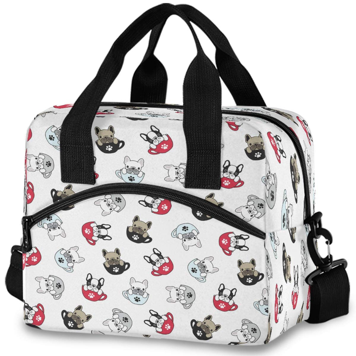 Oarencol Insulated Lunch Tote Bag - Cute French Bulldog & Pug Design with Shoulder Strap | Reusable Cooler Lunch Box for Work, School, Picnic & Beach | Perfect for Dog Lovers & Pet Owners