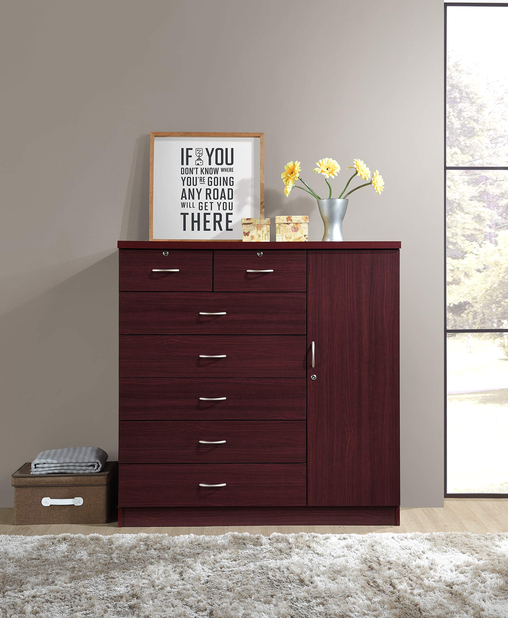 Hodedah 7-Drawer Jumbo Chest Organizer - 5 Large & 2 Small Drawers with Lock, Hanging Rod & 3 Shelves - Mahogany Finish (17.76