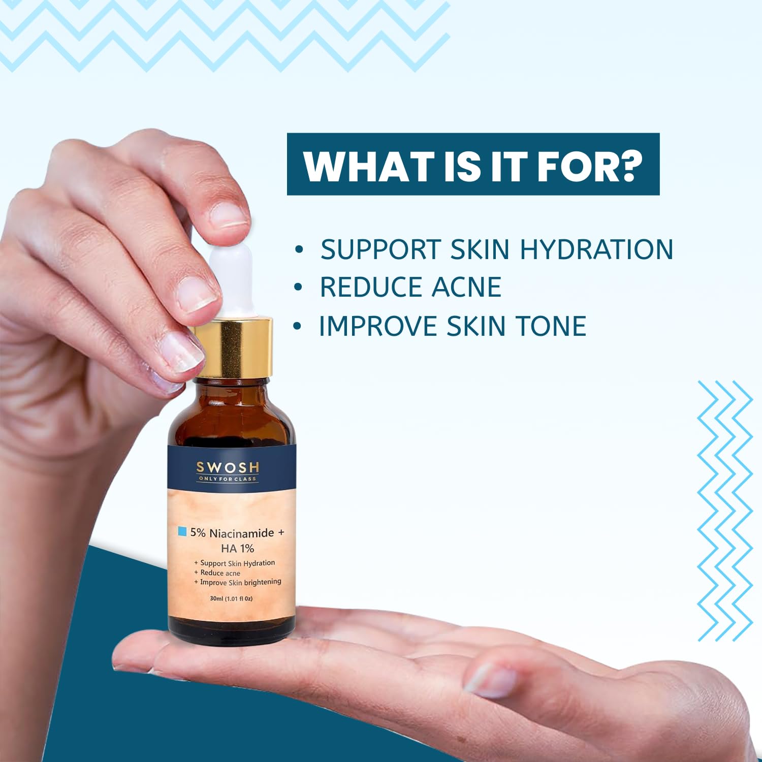 SWOSH 5% Niacinamide + 1% Hyaluronic Acid Face Serum (30ml) - Anti-Acne Treatment for Oily & Pimple-Prone Skin | Brightening, Moisturizing & Hydrating Formula | Perfect for Daily Skincare Routine & Blemish Control
