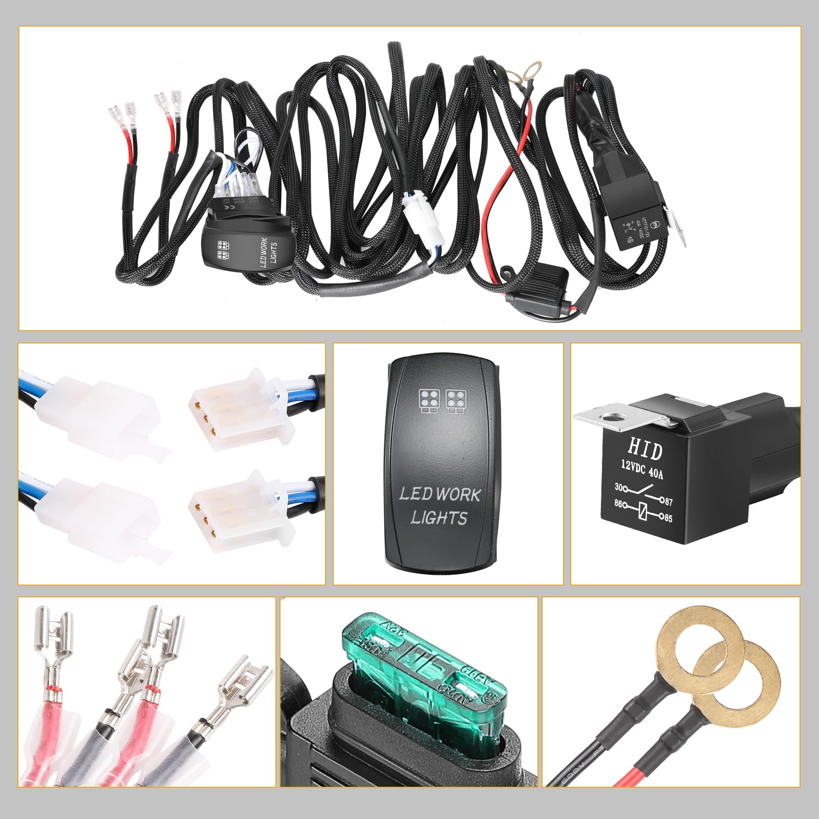 12V Fog Lights Wiring Harness Kit with 40A Relay & Fuse - On/Off Rocker Switch for LED Light Bar, Work Lights, Driving Lights - Heavy Duty Nylon Wire Harness for Trucks, UTVs, ATVs, Boats - Perfect for Off-Road, Marine & Work Lighting Applications