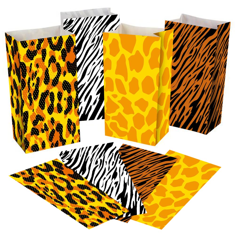 ArtCreativity 12-Pack Safari Animal Print Party Favor Bags - 4 Unique Jungle Designs for Birthday, Baby Shower & Zoo Themed Events - Durable Treat Goody Bags for Kids Party Supplies