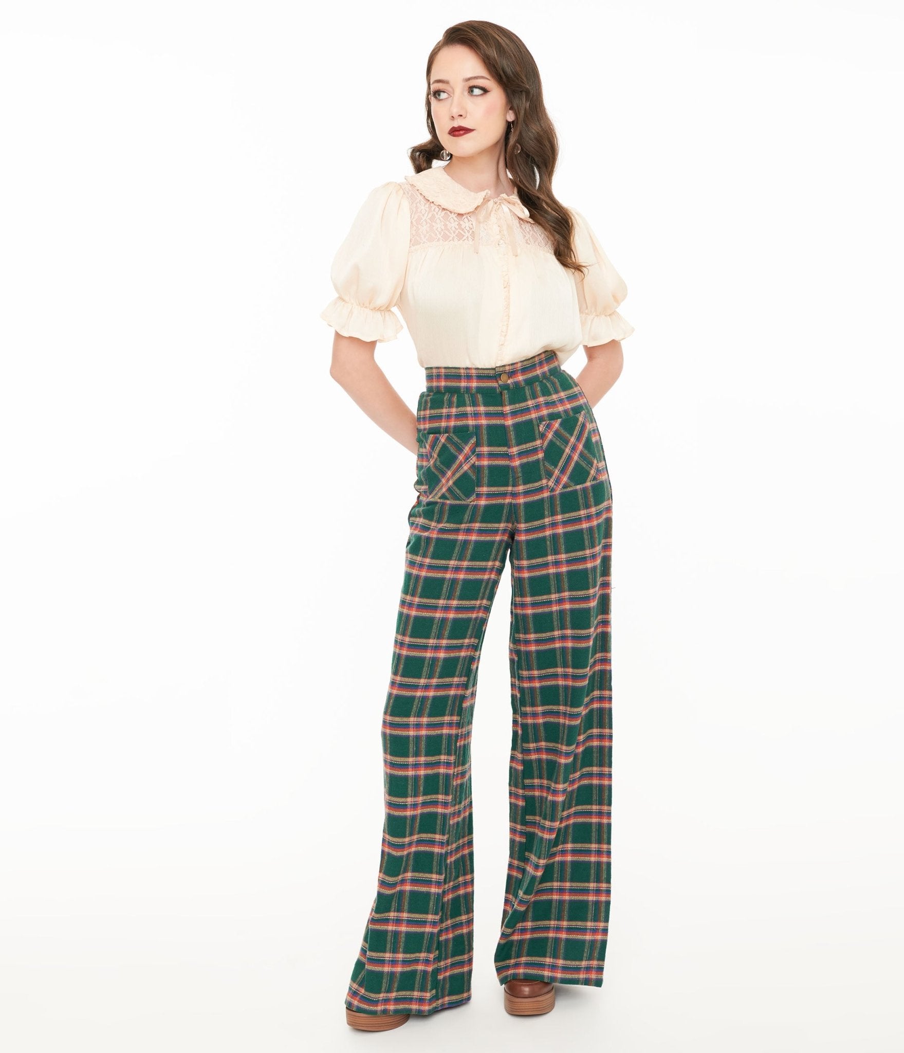 Vintage 1960s Green & Red Plaid Wide Leg Trousers by Smak Parlour - Retro High Waist Pants for Women, Perfect for Halloween Costumes & 60s Themed Parties