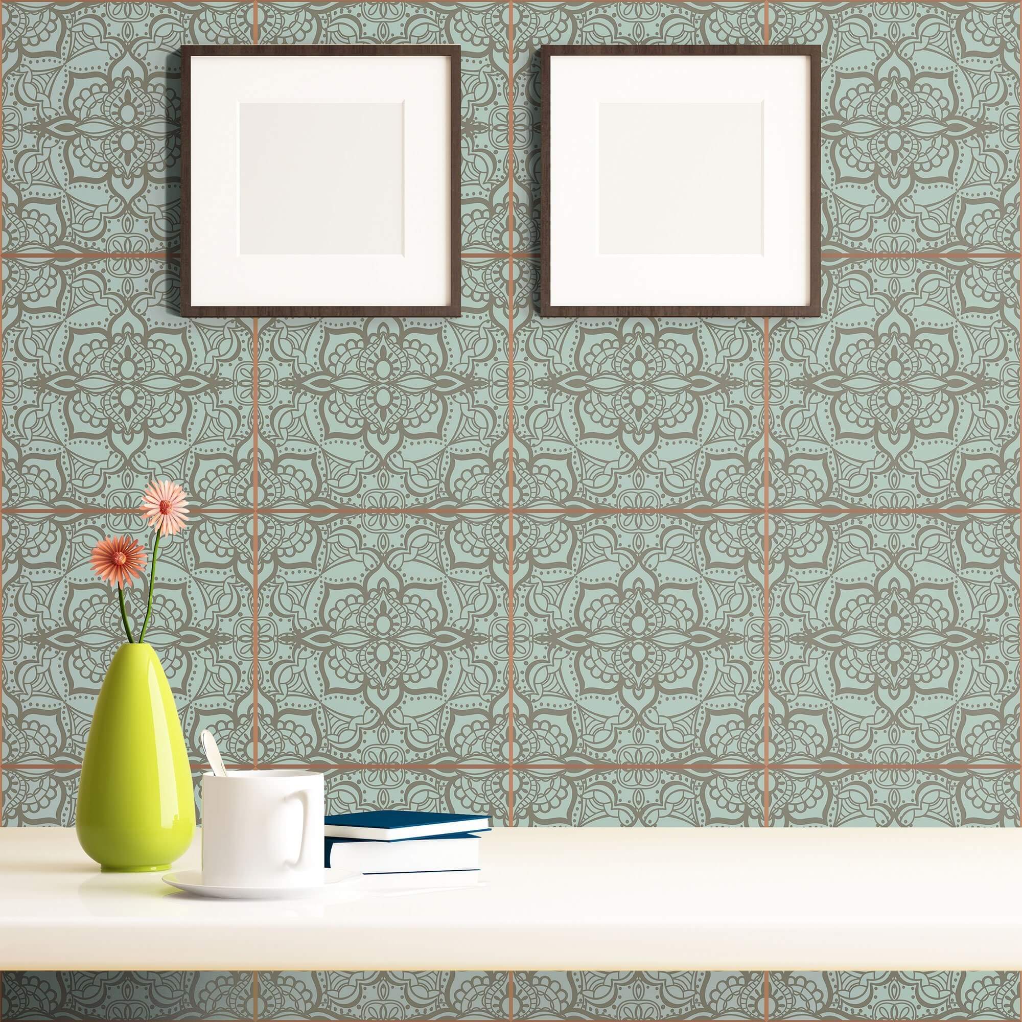 Green and Grey Damask Tile Adhesive Peel and Stick Removable Wallpaper - Self-Adhesive Wallpaper for Kitchen Backsplash, Bathroom, and Home Decor