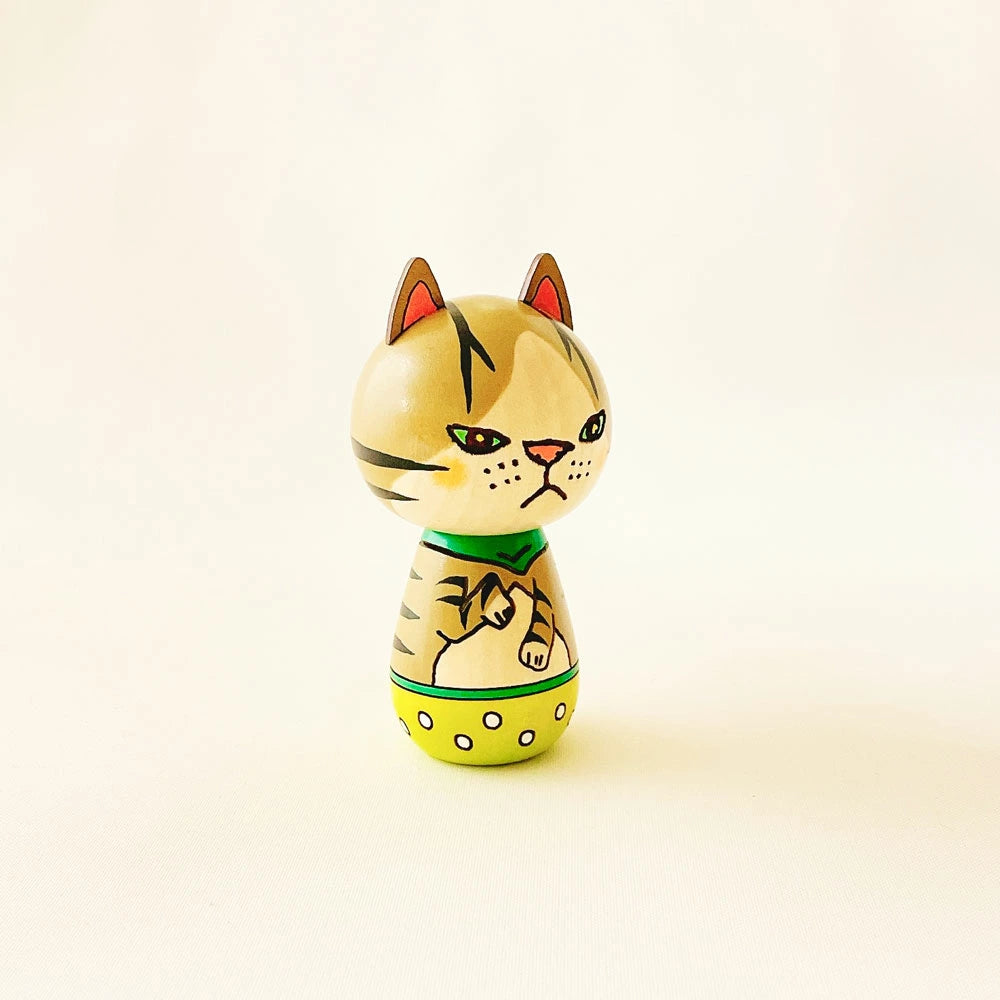 Handmade Japanese Kokeshi Doll - Traditional Tabby Cat Wooden Figurine | Home Decor, Gift for Cat Lovers, Zen & Kawaii Aesthetic