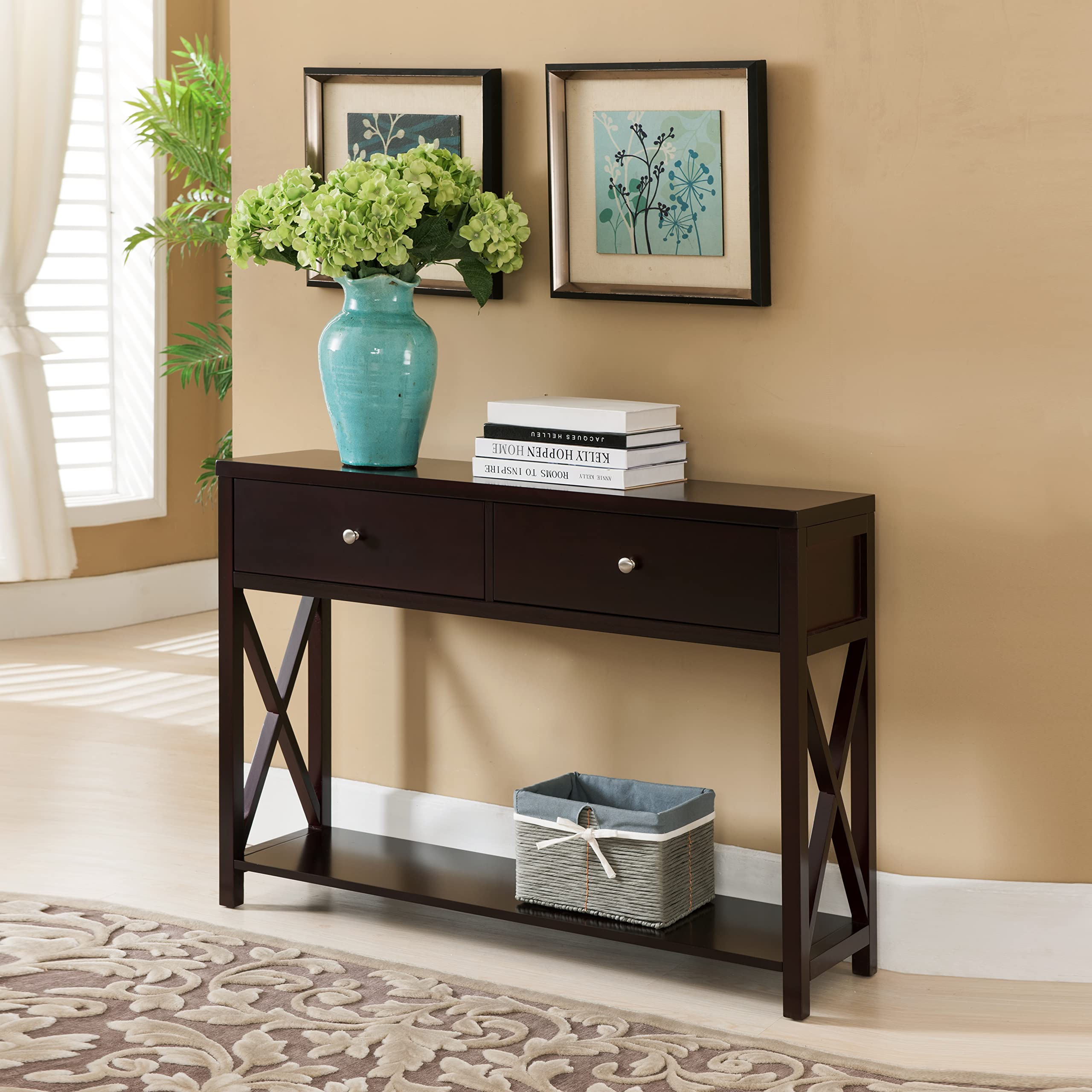 Kings Brand Furniture - Modern Console Sofa Table with Storage Shelf & Drawers, Cherry Finish - Entryway, Living Room & Hallway Organizer