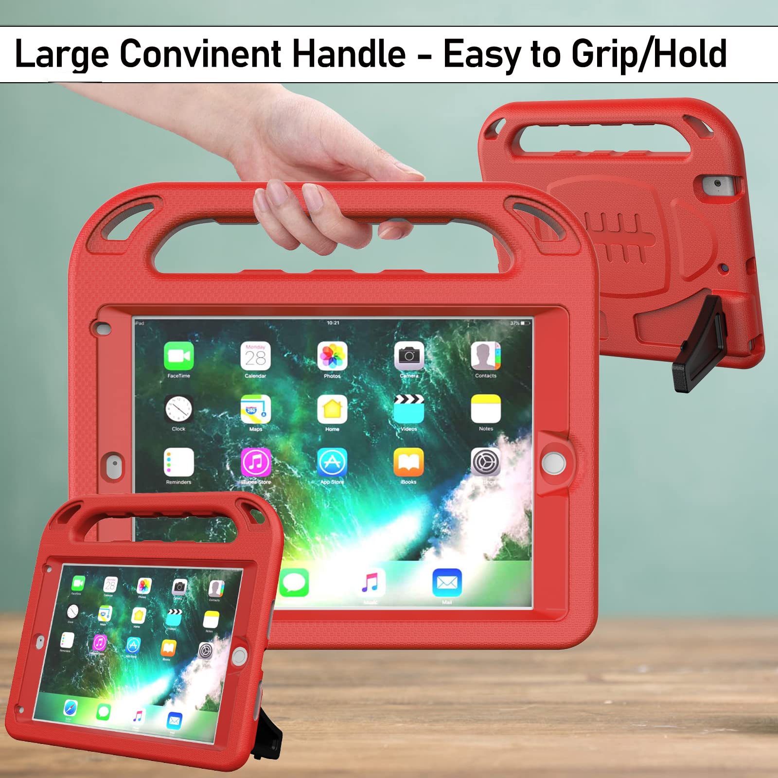 LTROP Shockproof Kids iPad Case for iPad 6th/5th Generation & iPad Air 2 (9.7 Inch 2018/2017) - Built-in Screen Protector with Handle Stand | Durable Protective Cover for Children's iPad 6/5/Air 2 | Perfect for School, Travel & Home Use (Red)