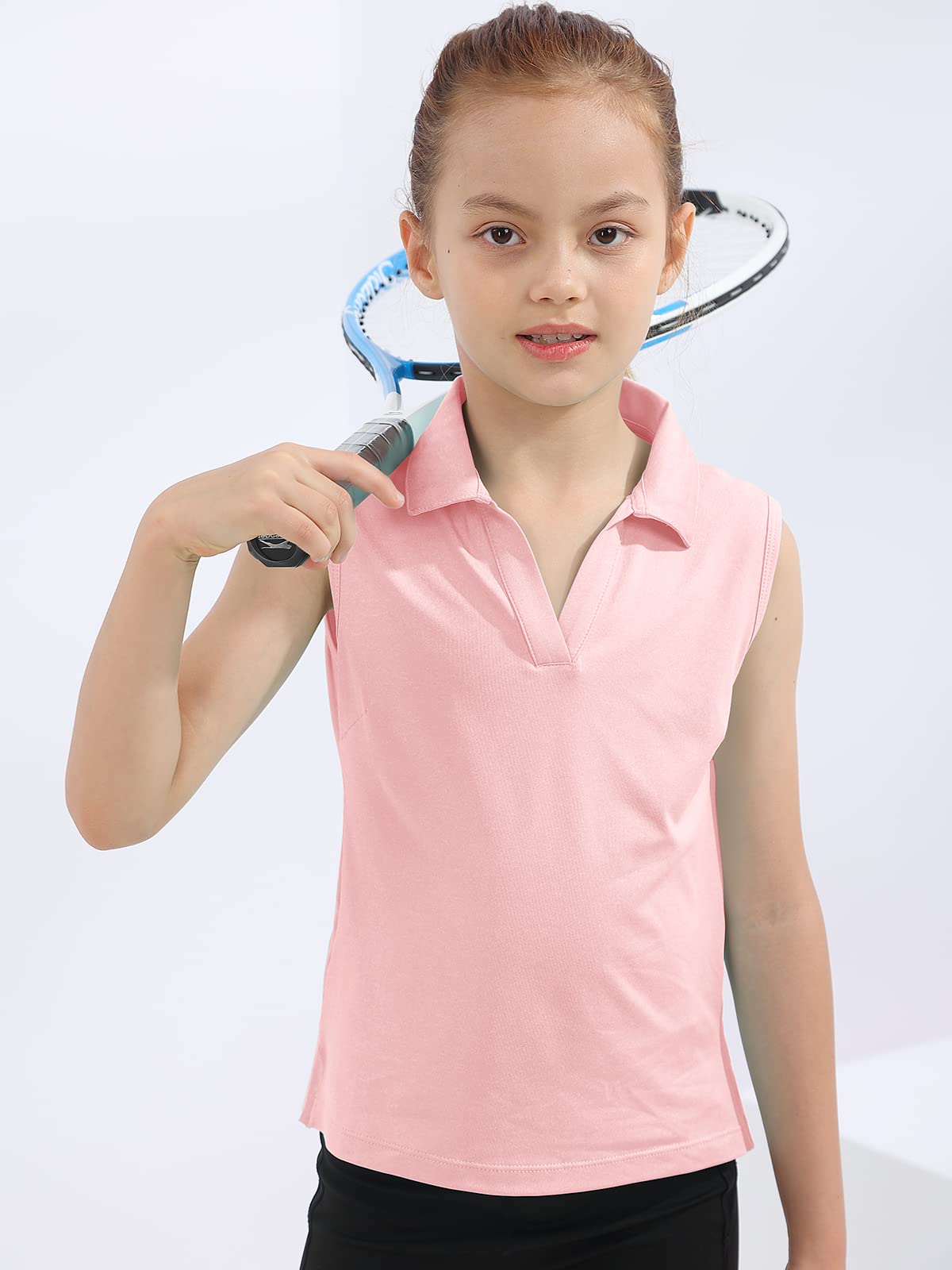 MERIABNY Girls Golf Polo Shirts - Sleeveless V-Neck Athletic Top for Kids Ages 5-12 | Breathable & Comfortable Sports Shirt for Junior Golf, Tennis & Summer Outdoor Activities