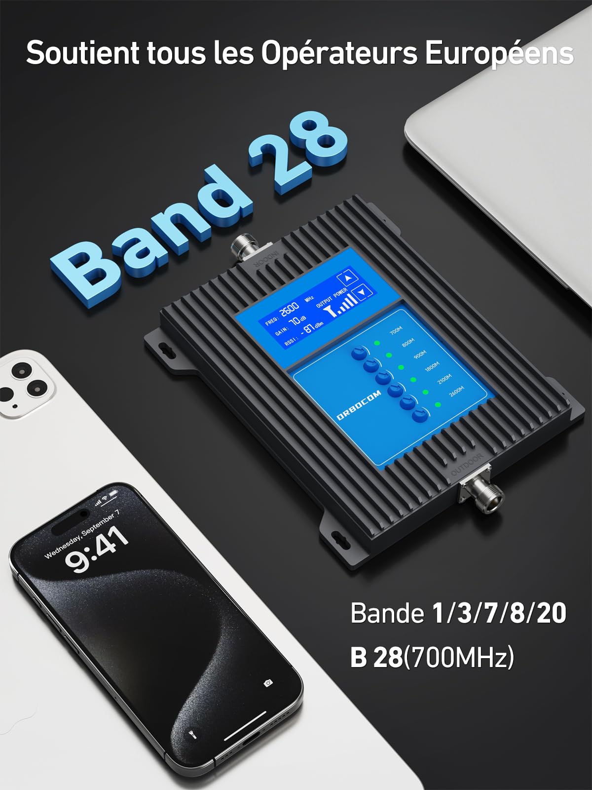 ORBOCOM 4G LTE Cell Phone Signal Booster - GSM Mobile Signal Amplifier for Band 28/20/8/3/1/7 - Enhances 3G/4G Data for All Carriers - Perfect for Home, Office & Rural Areas with Weak Cellular Reception