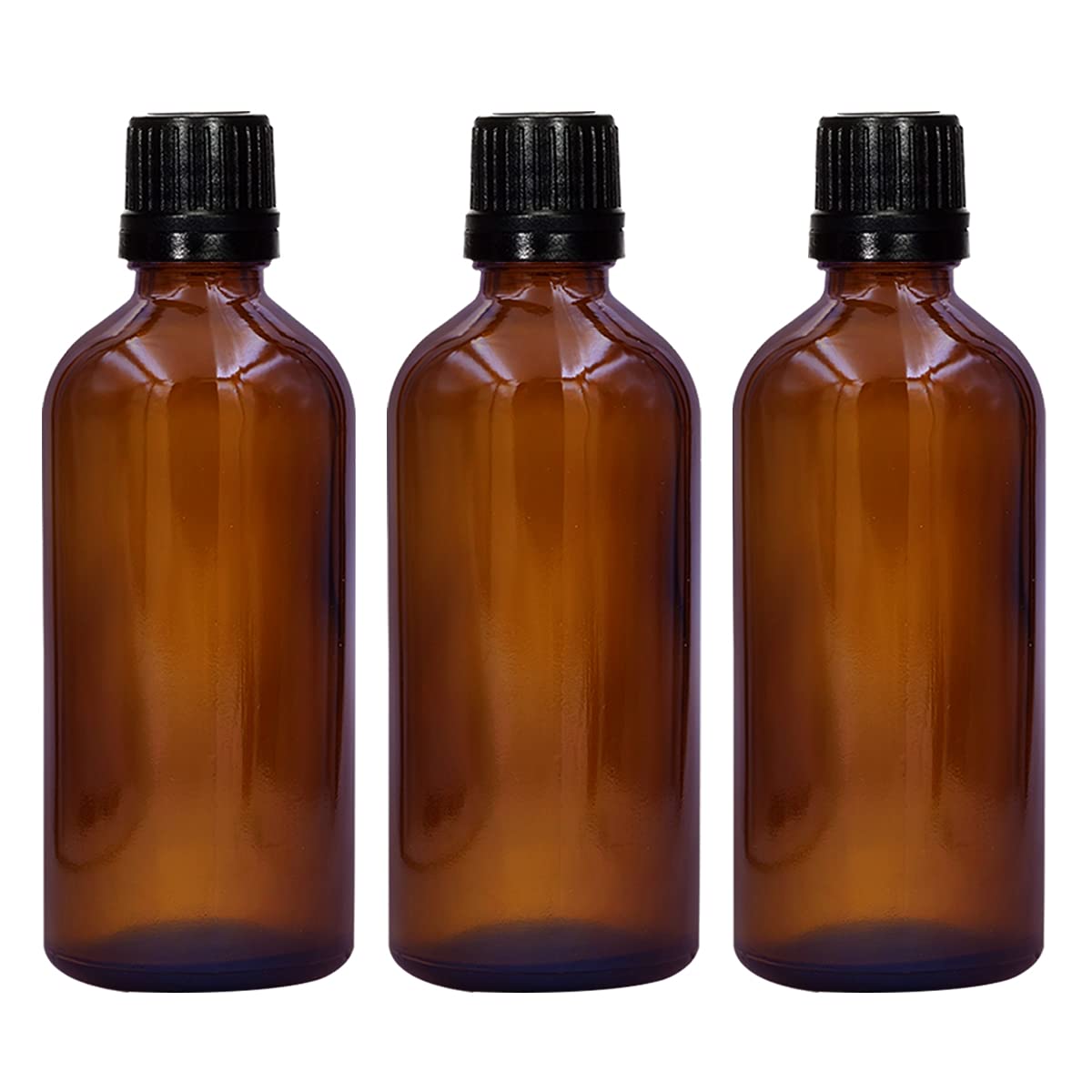 NSB Herbals 100ml Amber Round Empty Glass Bottle with Euro Dropper & Black Cap - Refillable, Reusable, Leak Proof Essential Oil Bottles for DIY Perfumes, Face Oils & Aromatherapy Blends (Pack of 3) - Perfect for Home Spa, Gift Making & Travel Size Storage