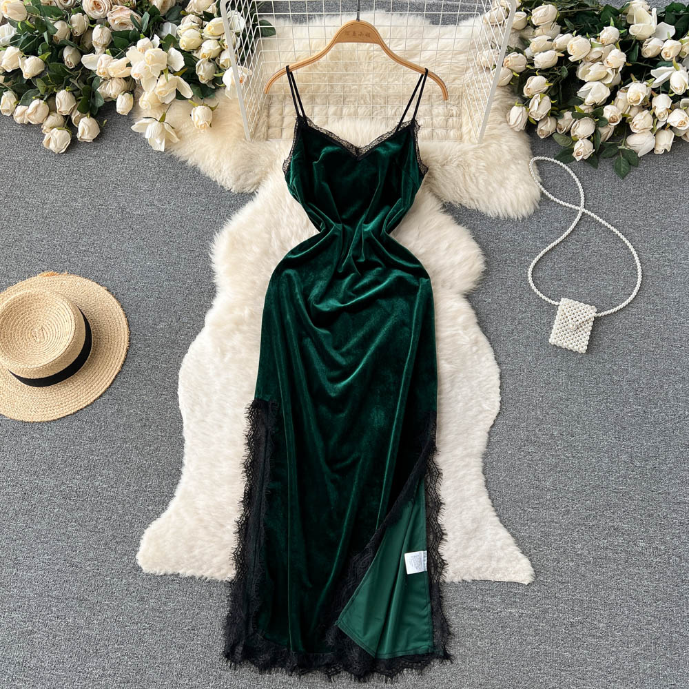 Elegant Lace Velvet Suspender Dress for Women - Long Slit Evening Gown with Adjustable Straps | Perfect for Cocktail Parties, Date Nights & Formal Events