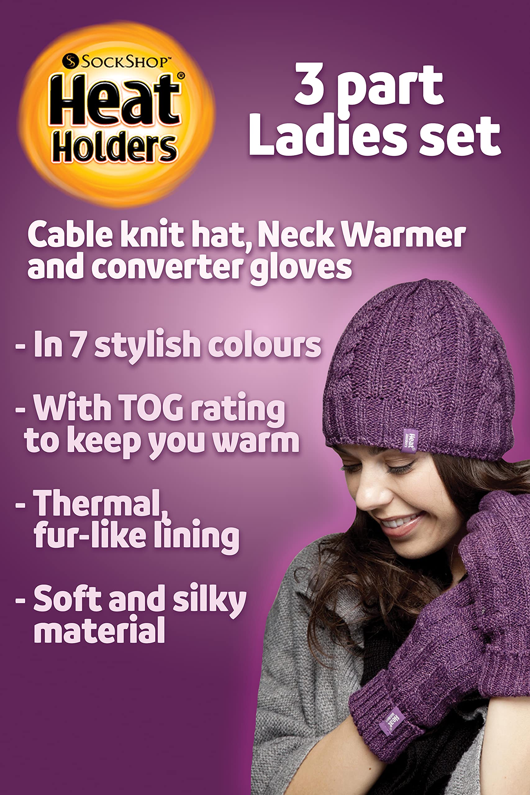 Heat Holders Women's Thermal Winter Fleece Cable Knit Hat, Neck Warmer & Convertible Gloves Set - Cold Weather Accessories for Skiing, Snowboarding & Outdoor Activities