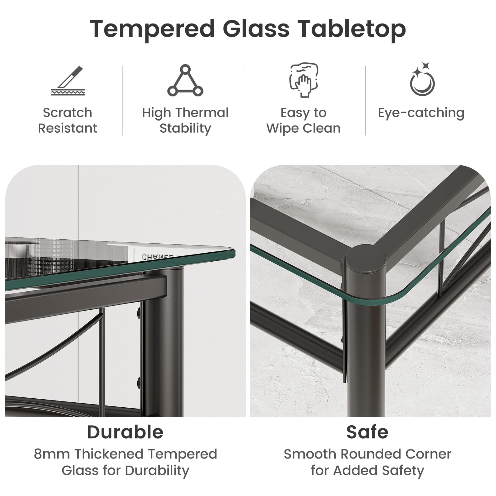 NAFORT 5-Piece Modern Dining Table Set with Tempered Glass Top & 4 Upholstered Chairs - Space Saving Kitchen Table for Small Apartments, Breakfast Nook, Office or Dorm Room - Sturdy Metal Frame & 3/8