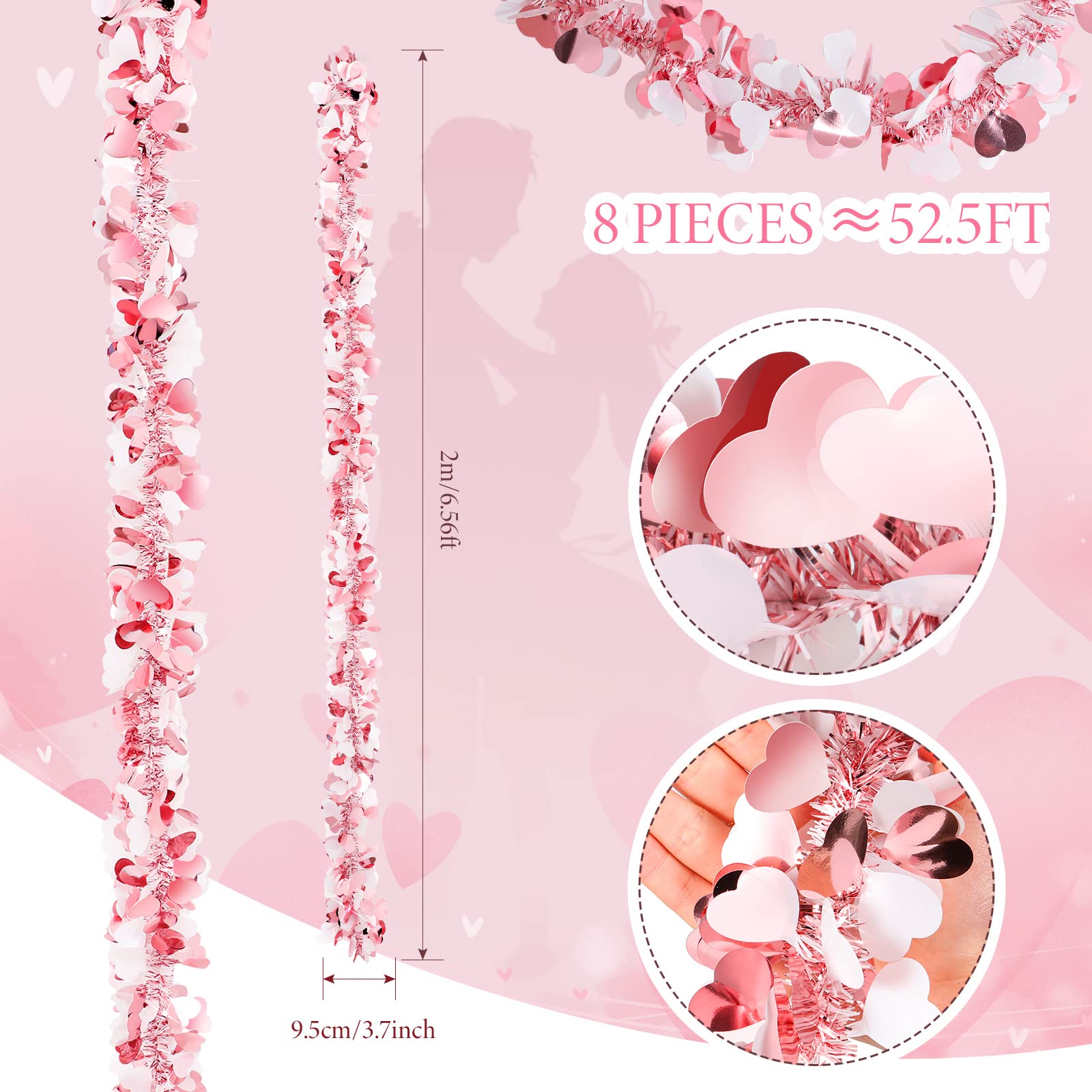 MTLEE 8-Piece Valentine's Day Tree Decor Set - 6.56ft Shiny Metallic Heart Tinsel Garland for Christmas Mantle, Wreath, Wedding & Party Decorations (Pink) | Perfect for Home, Holiday & Romantic Event Decor