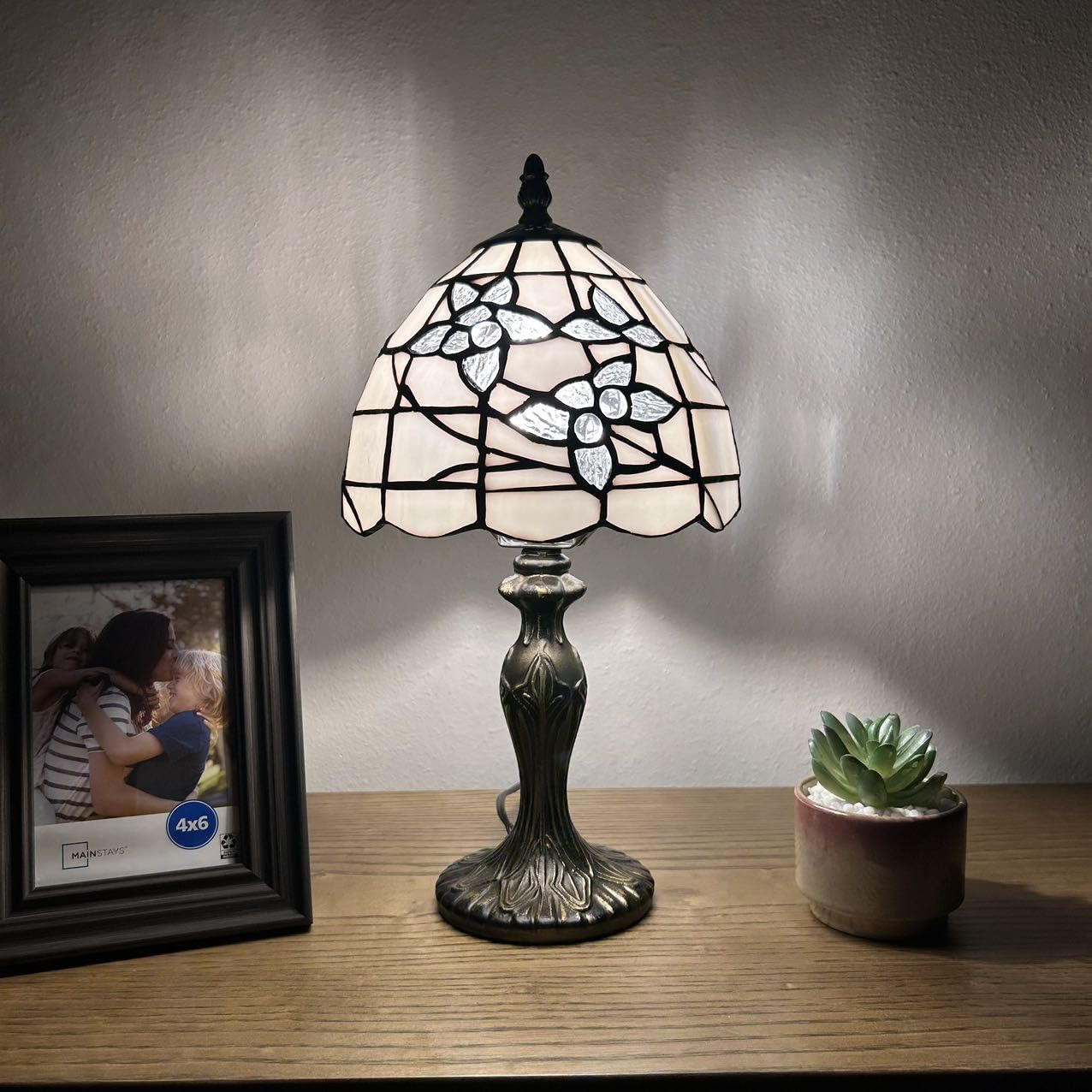 Tiffany Style Mini Table Lamp - White Stained Glass with Floral Design, Pull Chain Switch, Includes LED Bulb - Perfect for Bedroom Nightstand, Living Room Side Table, Office Desk (8
