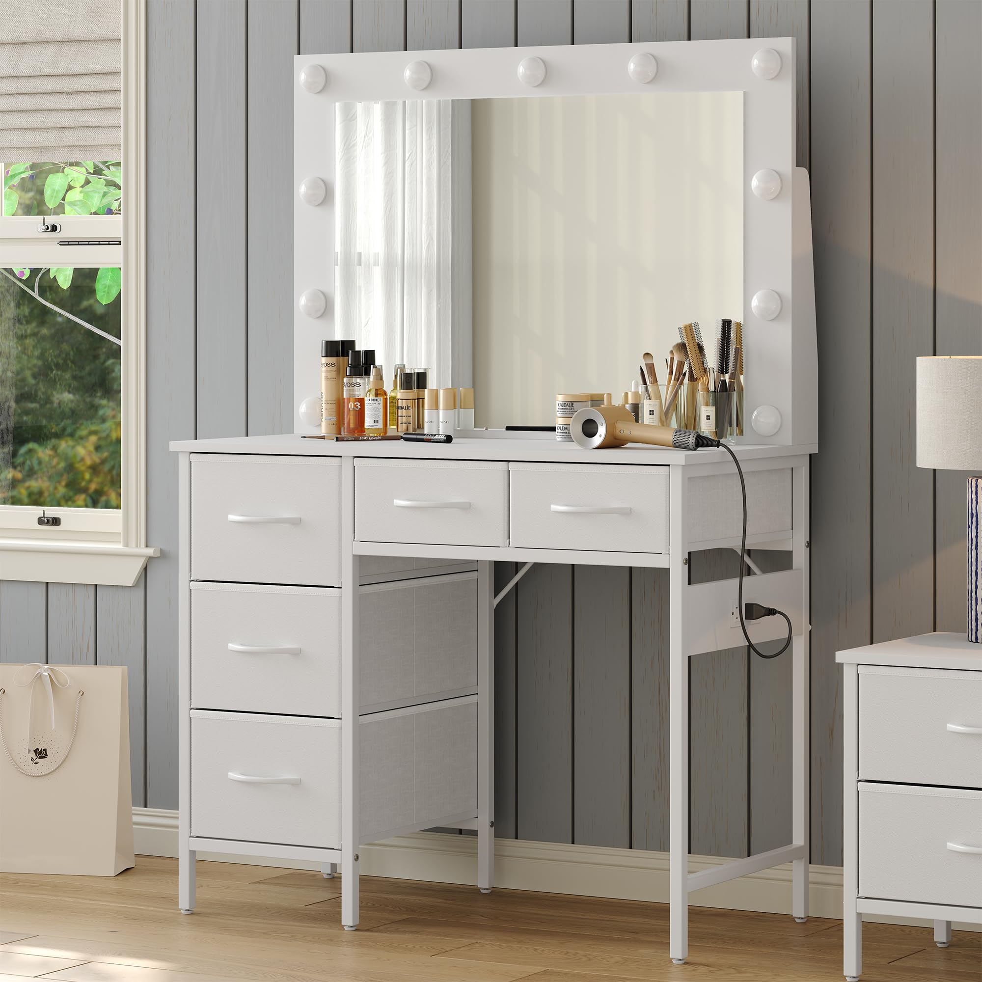 Vanity Desk with LED Mirror & Charging Station - 5 Drawers, 3 Lighting Modes for Bedroom Makeup