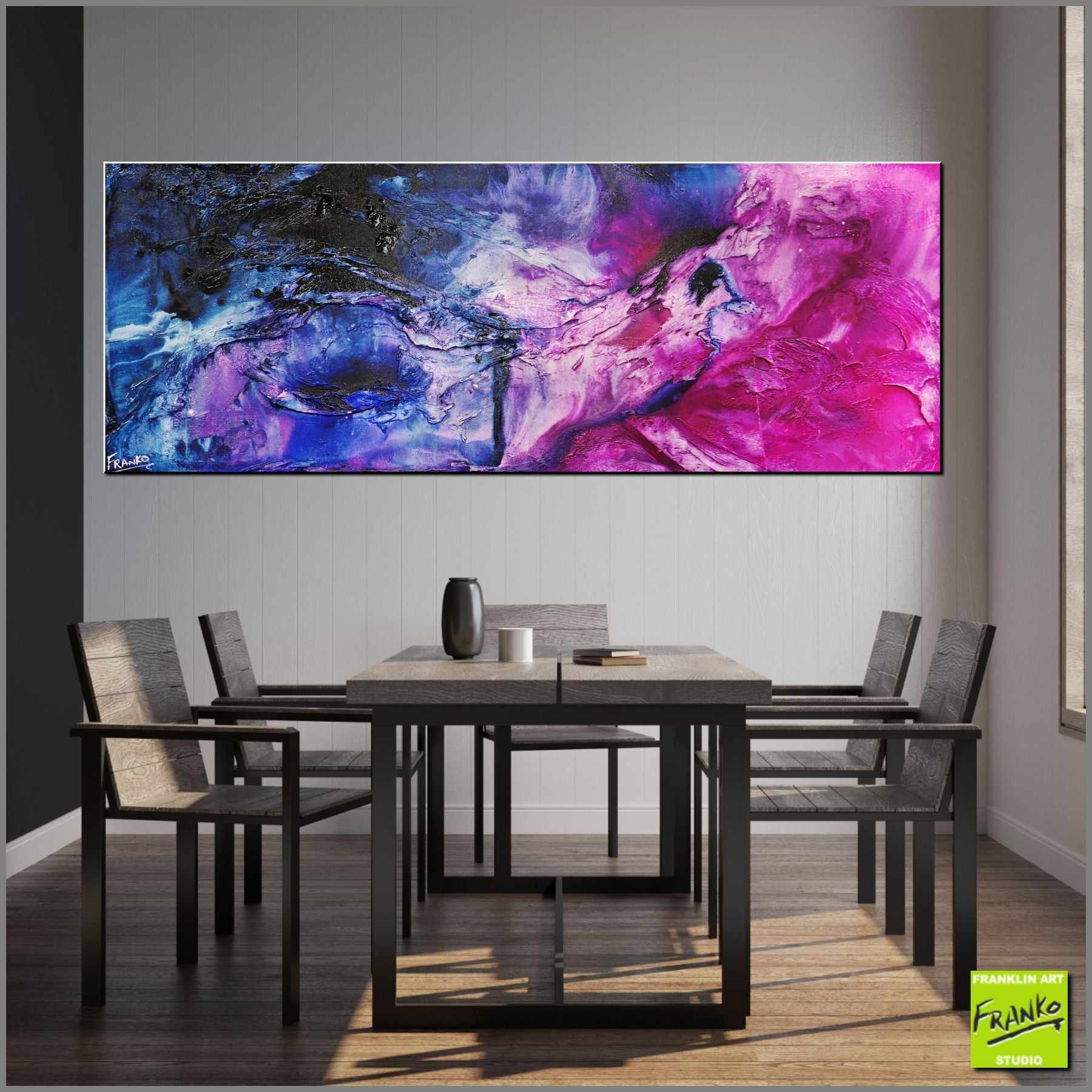 160cm x 60cm Black White Pink Blue Textured Abstract Painting by Atomic Kitten - Modern Wall Art for Living Room, Bedroom & Office Decor