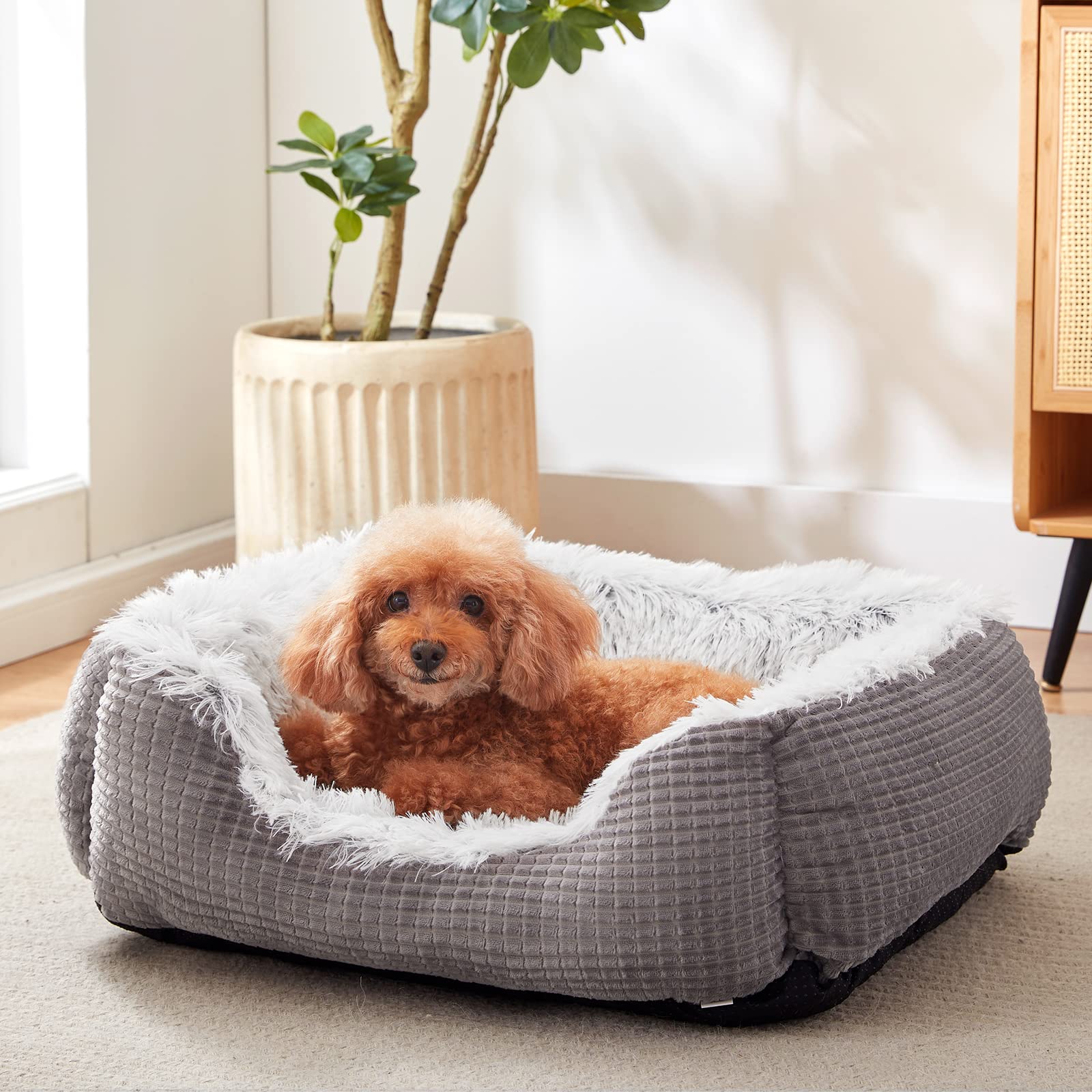 FURTIME Washable Medium Dog Bed - Ultra Soft Plush Flannel Calming Pet Bed for Anxious Dogs, Machine Washable, Grey - Perfect for Crates, Kennels & Home Use