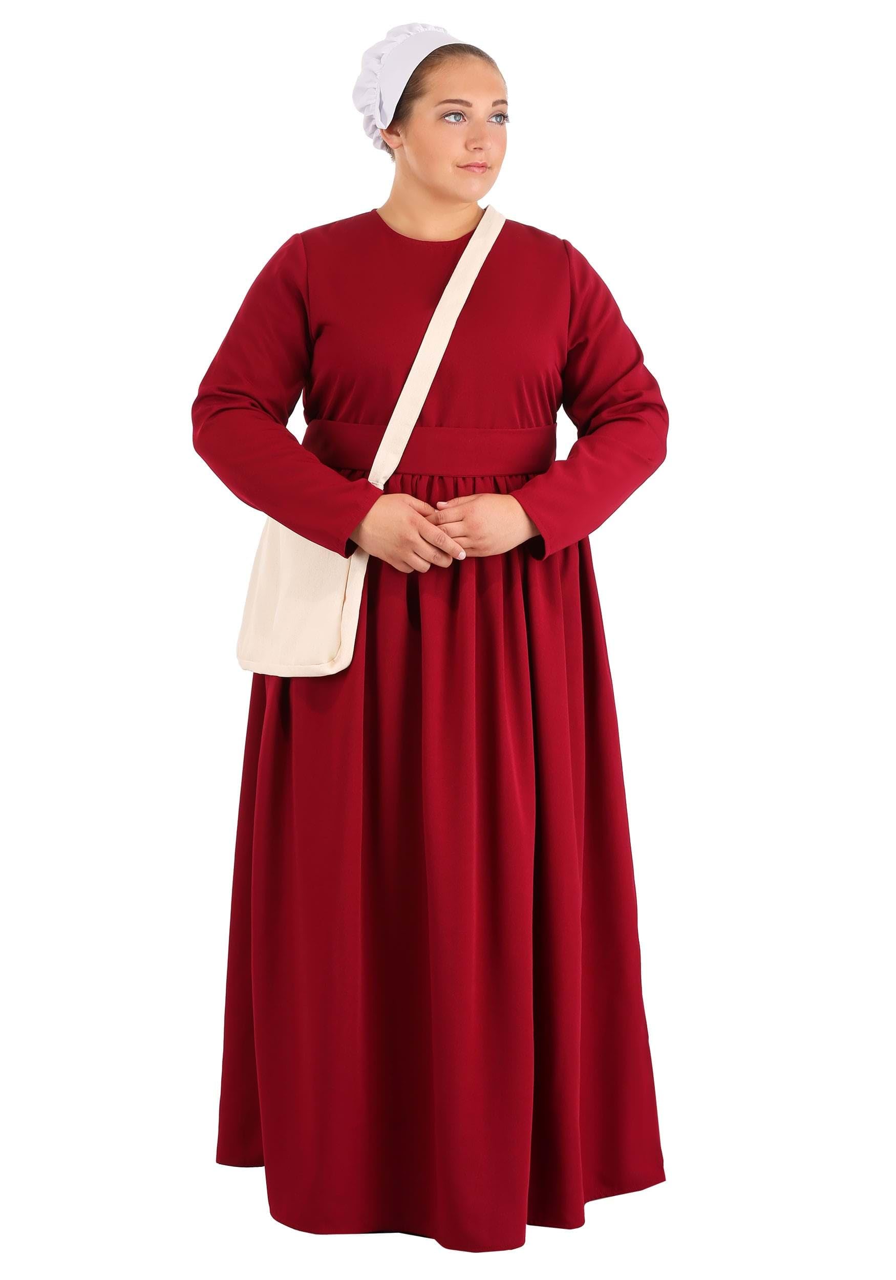 Plus Size Handmaid's Tale Costume - Red Dress with Hooded Cape, White Bonnet, Belt & Satchel Bag | Women's Halloween Cosplay, Book Club Party, Dystopian Theme Event Outfit