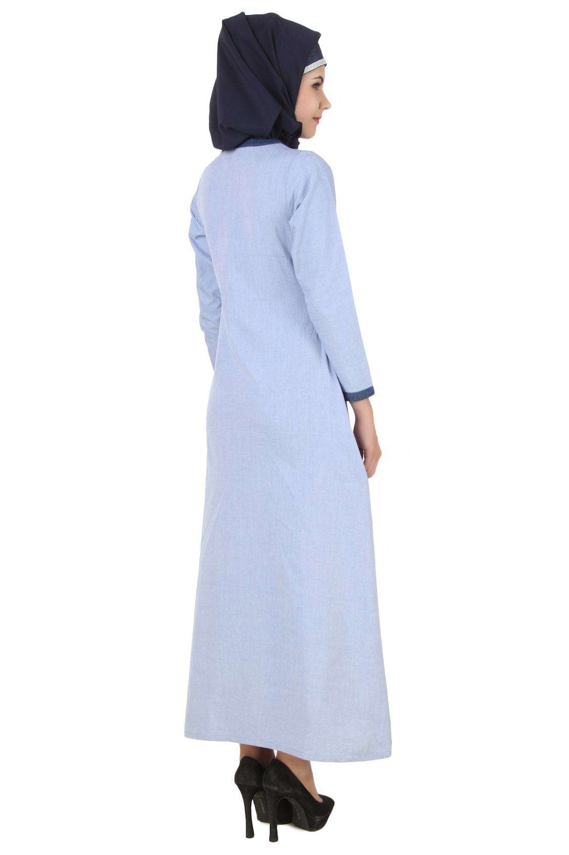 Mahek Ice Blue Chambray Cotton Abaya - Modest Muslim Dress for Women | Lightweight & Breathable Prayer Dress | Perfect for Eid, Ramadan & Daily Wear