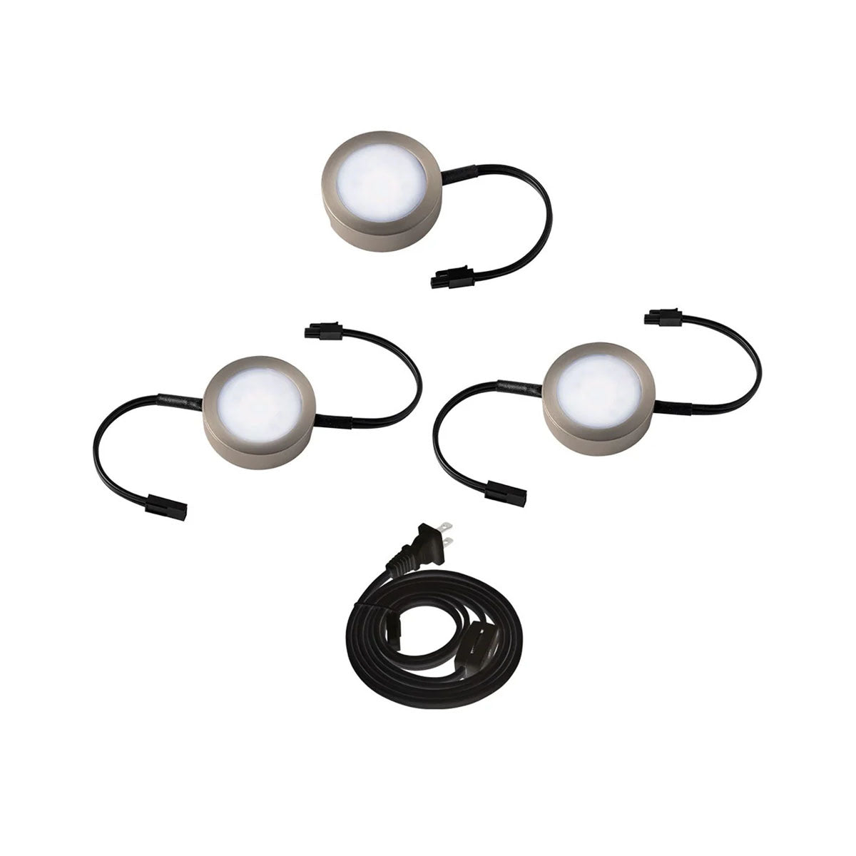 120V LED Puck Light Kit with Power Cord - 3 CCT Selectable (3000K/4000K/5000K) - Brushed Nickel Finish - Under Cabinet Lighting for Kitchen, Bathroom, Closet & Display Cases