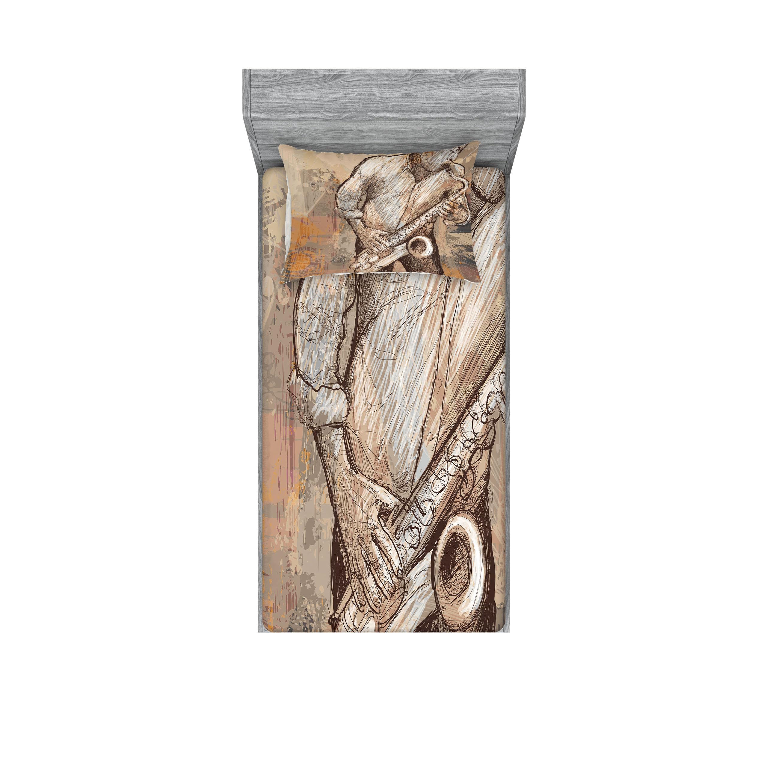 Ambesonne Jazz Musician Saxophone Solo Street Art Print Fitted Sheet & Pillow Sham Set - 2 Piece Twin XL Bedding Decor in Brown Ecru | Perfect for Music Lovers' Bedroom & Jazz-Themed Home Decor