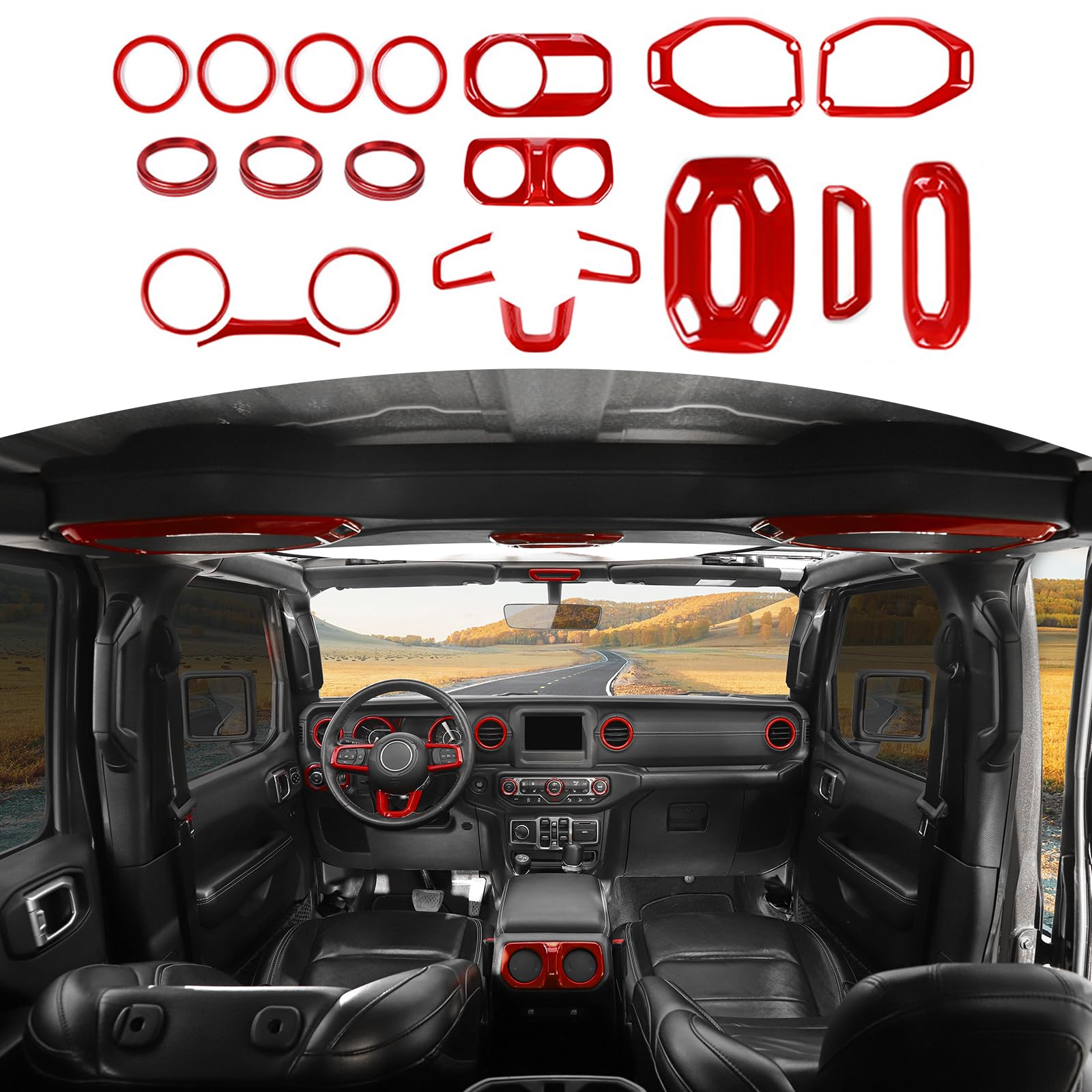 RT-TCZ Red Interior Trim Cover Kit for Jeep Wrangler JL & JLU (2018-2023) - 20pcs AC Vent Rings - Upgrade Your Ride's Style - Perfect for Off-Road Adventures & Custom Car Mods