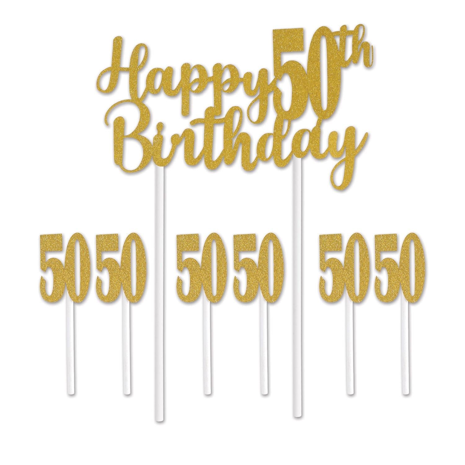 12 Pack Beistle Happy 50th Birthday Party Cake Toppers - Gold Foil Decorations for Anniversary Celebrations, Retirement Parties & Milestone Events