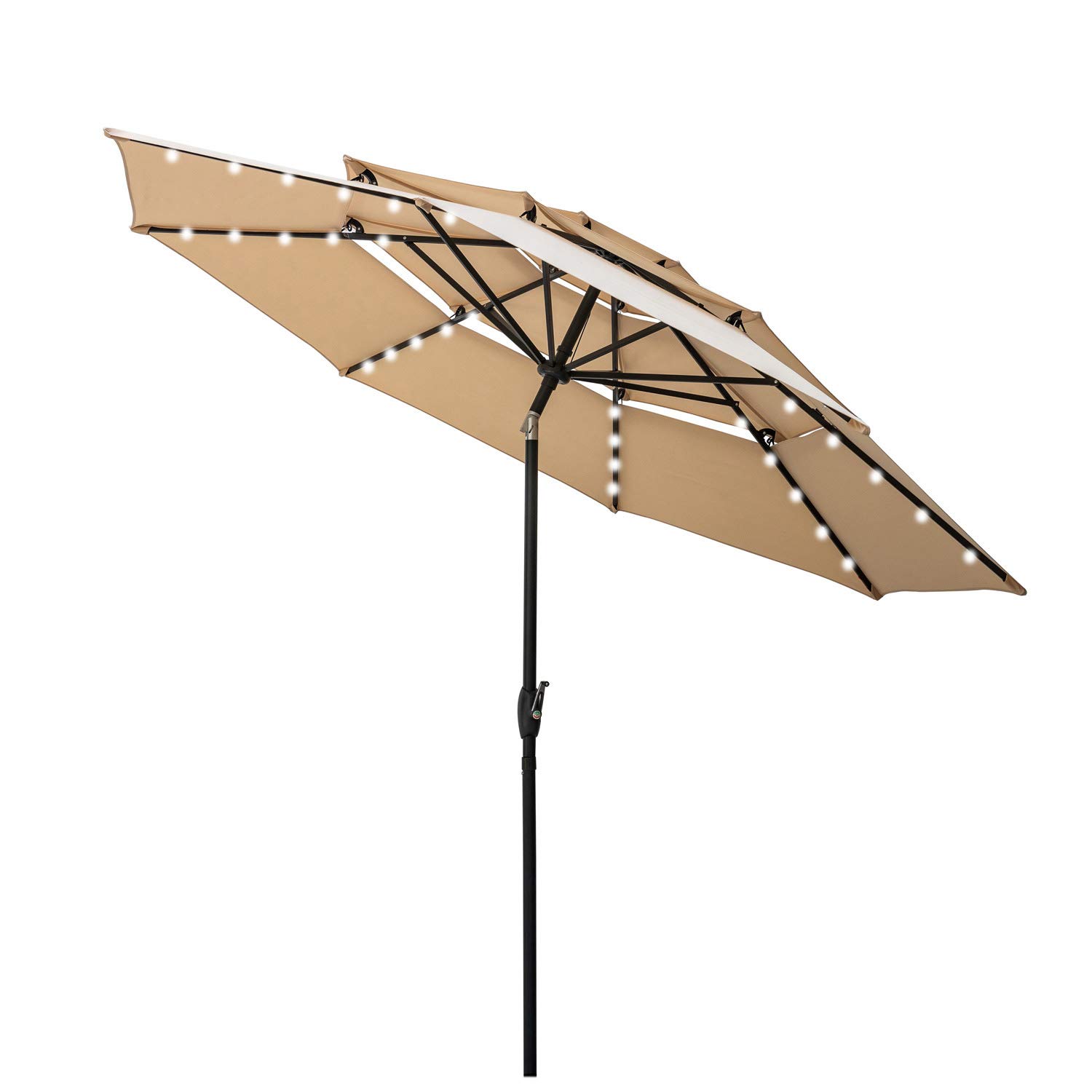 10FT 3-Tier Windproof Patio Umbrella with LED Lights - Waterproof Outdoor Market Umbrella with Tilt & Crank for Garden, Poolside, Restaurant (Khaki)