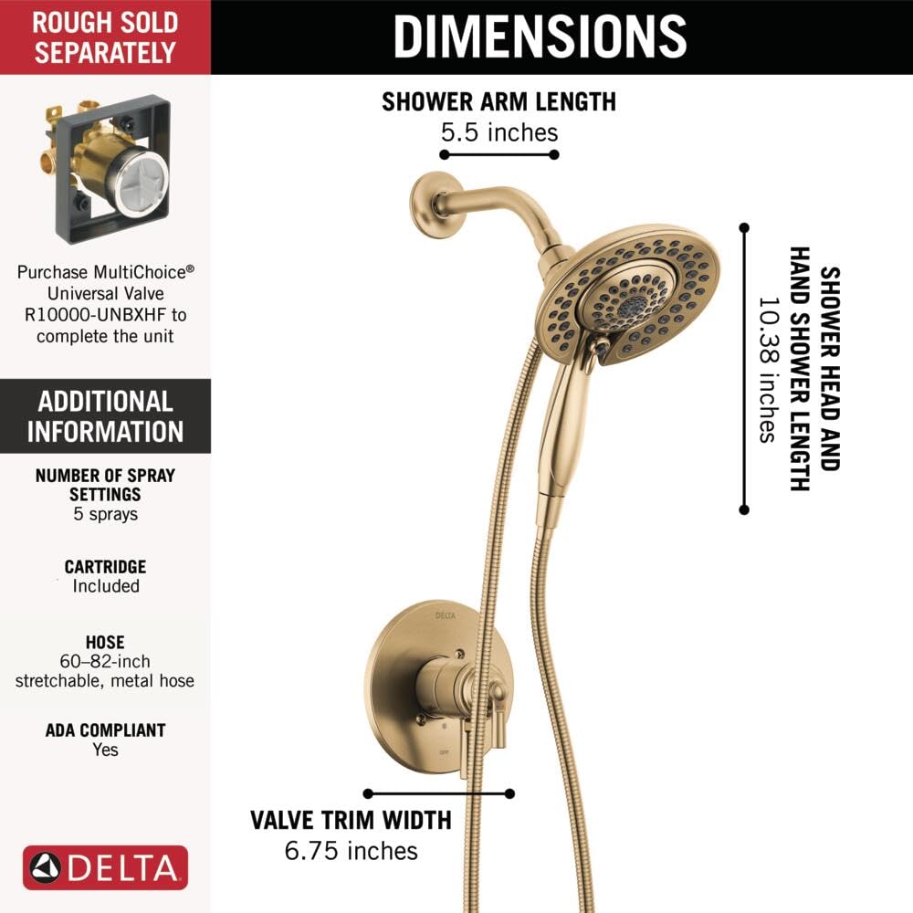Delta Faucet Saylor 17 Series Gold Shower Valve Trim Kit with In2ition 2-in-1 Shower Head & Handheld Spray - Champagne Bronze T17235-CZ-I (Valve Not Included) - Perfect for Bathroom Renovation & Luxury Spa Experience