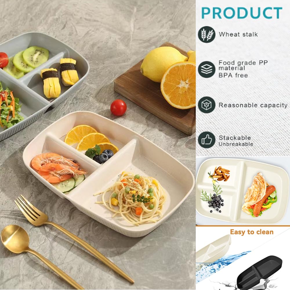 10.5 Inch Divided Plates for Kids & Adults - 3-Compartment Wheat Straw Portion Control Plates | Bariatric, Unbreakable, BPA-Free & Reusable (Grey, 4-Pack) - Perfect for Meal Prep, Portion Control & Family Dinners