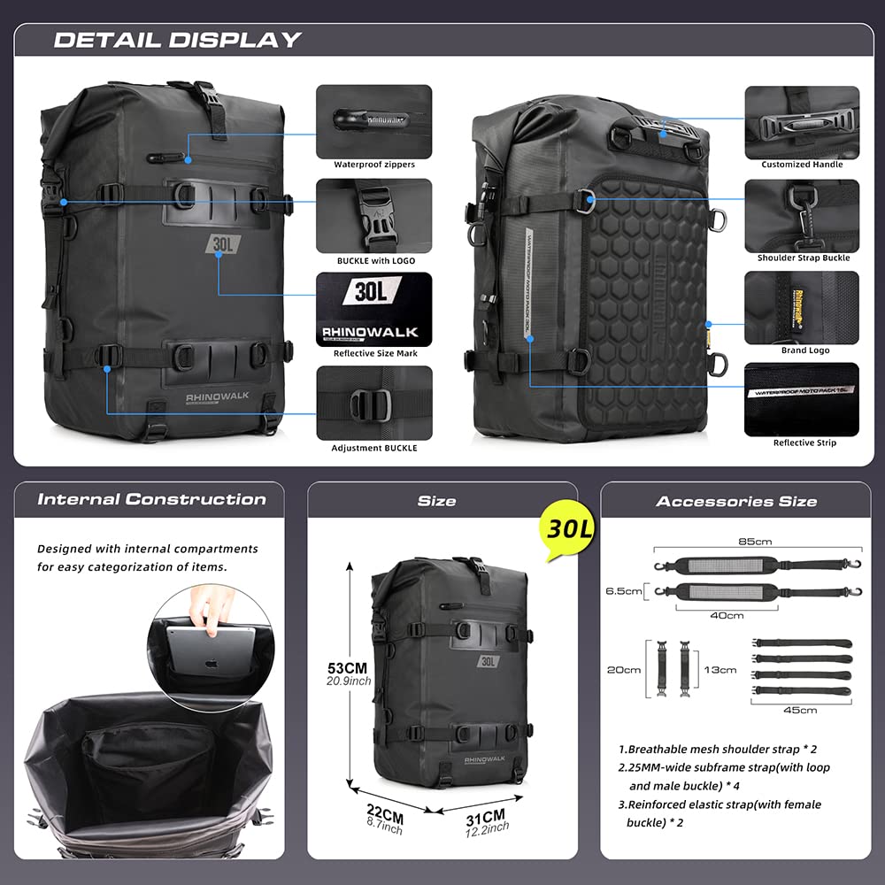 Rhinowalk 30L Waterproof Motorcycle Tail Bag - Black Motorbike Side Saddle Pannier with Rear Rack | Durable Motorcycle Accessories for Touring, Commuting & Adventure Riding