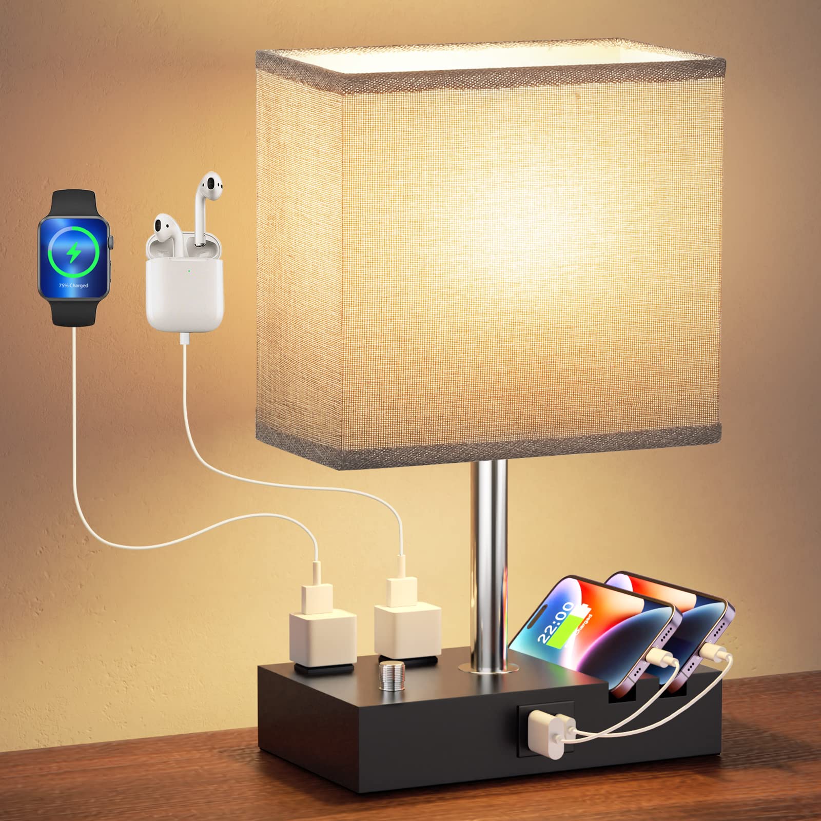 Dimmable Nightstand Lamp with USB C Ports & Charging Outlets - Wooden Bedside Table Lamp for Bedroom, Living Room & Office - Includes LED Bulb & Phone Stand (Grey) - Perfect for Reading, Charging Devices & Home Decor